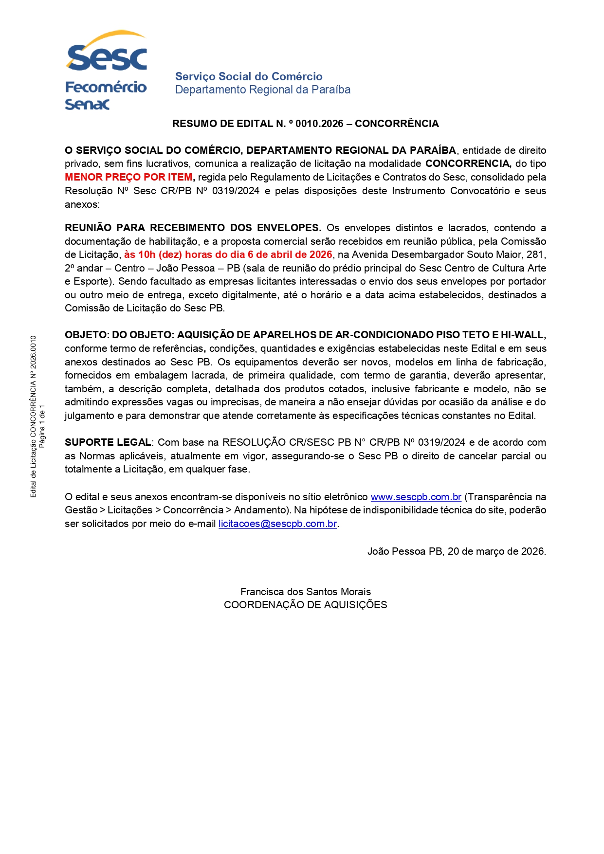 SESC – RESUMO DE EDITAL N. º 0010.2026 – CONCORRÊNCIA