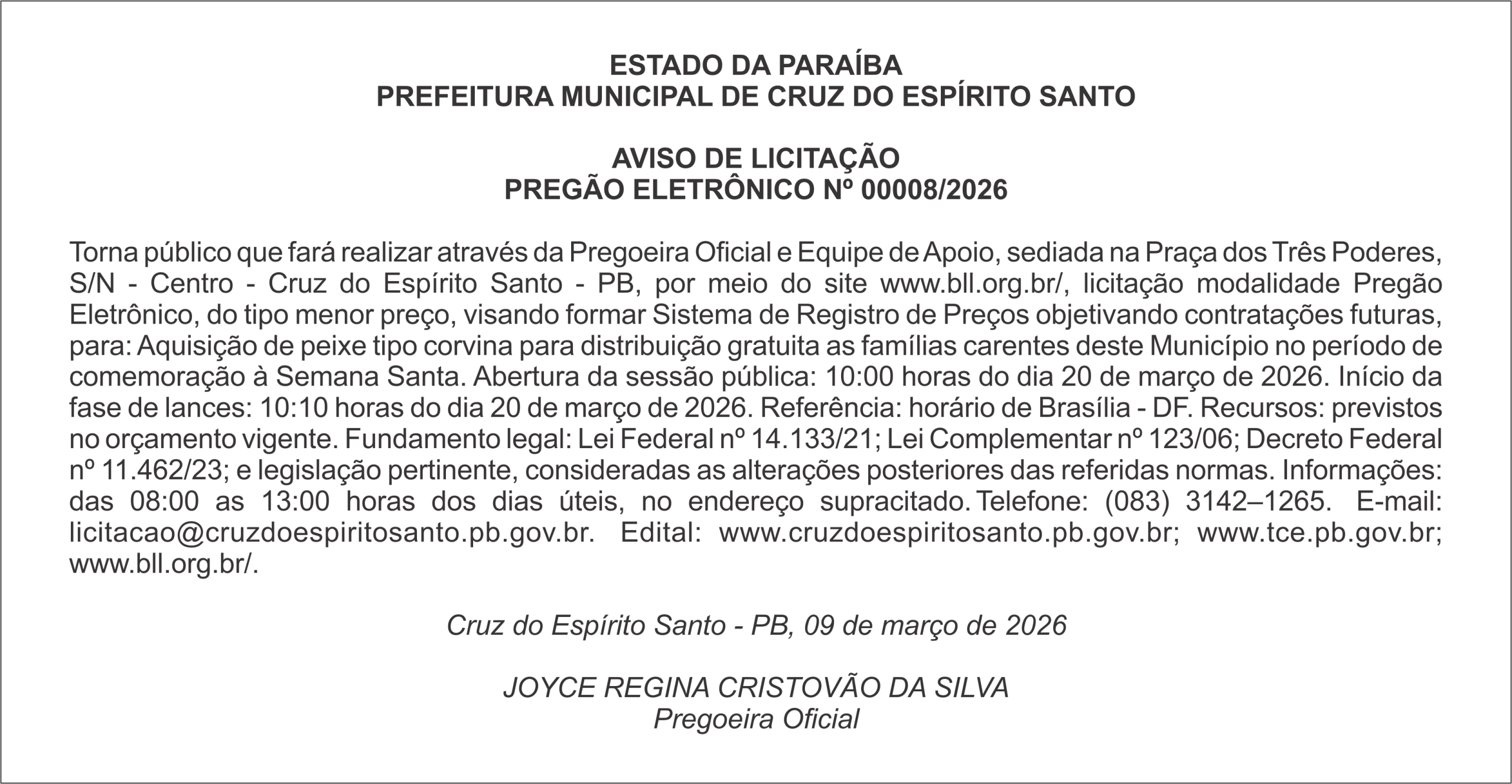 PREFEITURA MUNICIPAL DE CRUZ DO ESPÍRITO SANTO – AVISO DE LICITAÇÃO PREGÃO ELETRÔNICO Nº 00008/2026