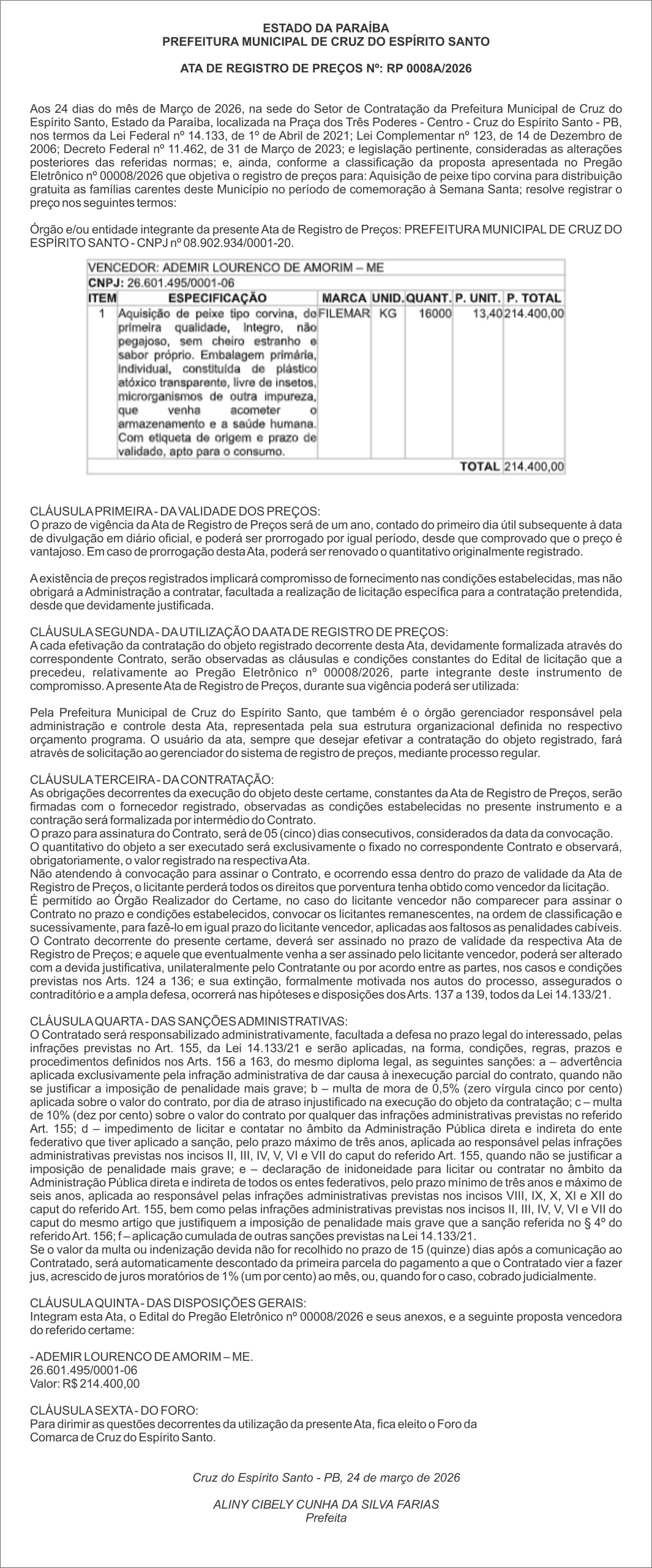 PREFEITURA MUNICIPAL DE CRUZ DO ESPÍRITO SANTO  – ATA DE REGISTRO DE PREÇOS Nº: RP 0008A/2026