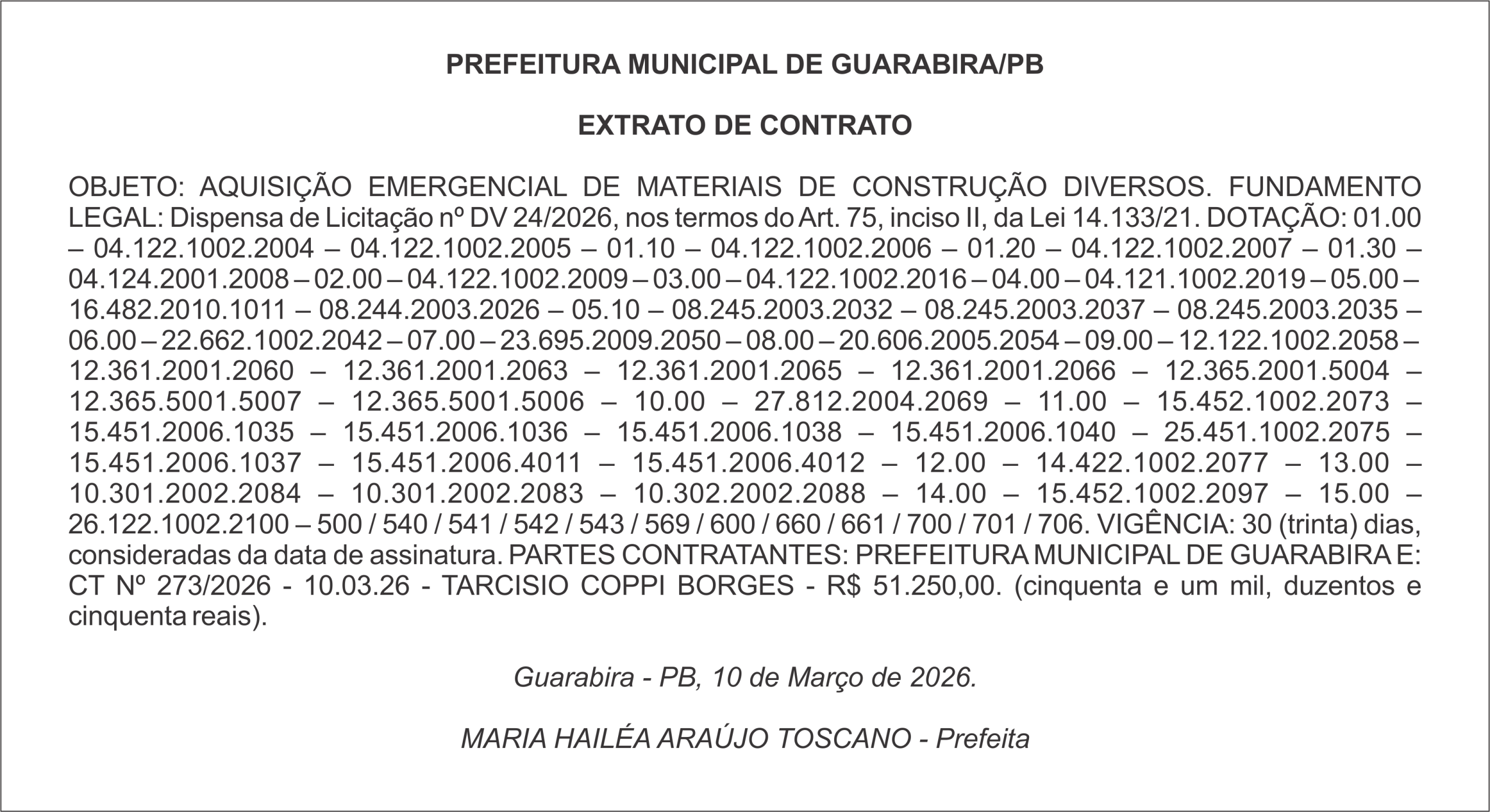 PREFEITURA MUNICIPAL DE GUARABIRA/PB EXTRATO DE CONTRATO