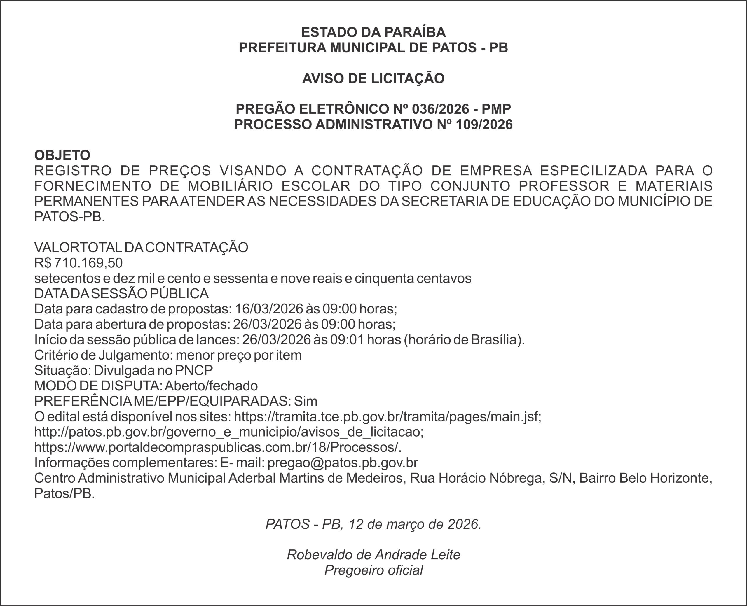 PREFEITURA MUNICIPAL DE PATOS – PB PREGÃO ELETRÔNICO Nº 036/2026 – PMP