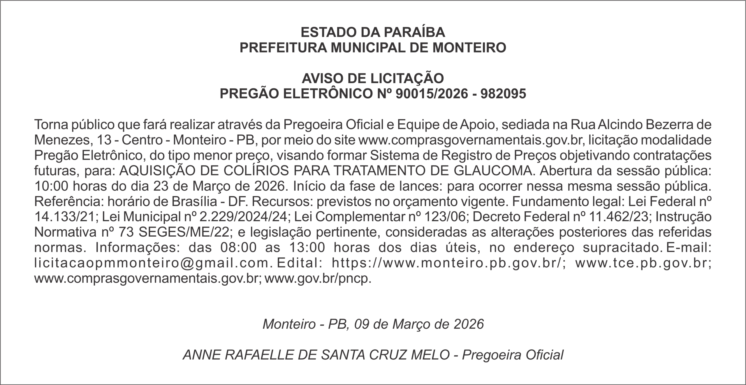 PREFEITURA MUNICIPAL DE MONTEIRO – AVISO DE LICITAÇÃO PREGÃO ELETRÔNICO Nº 90015/2026 – 982095