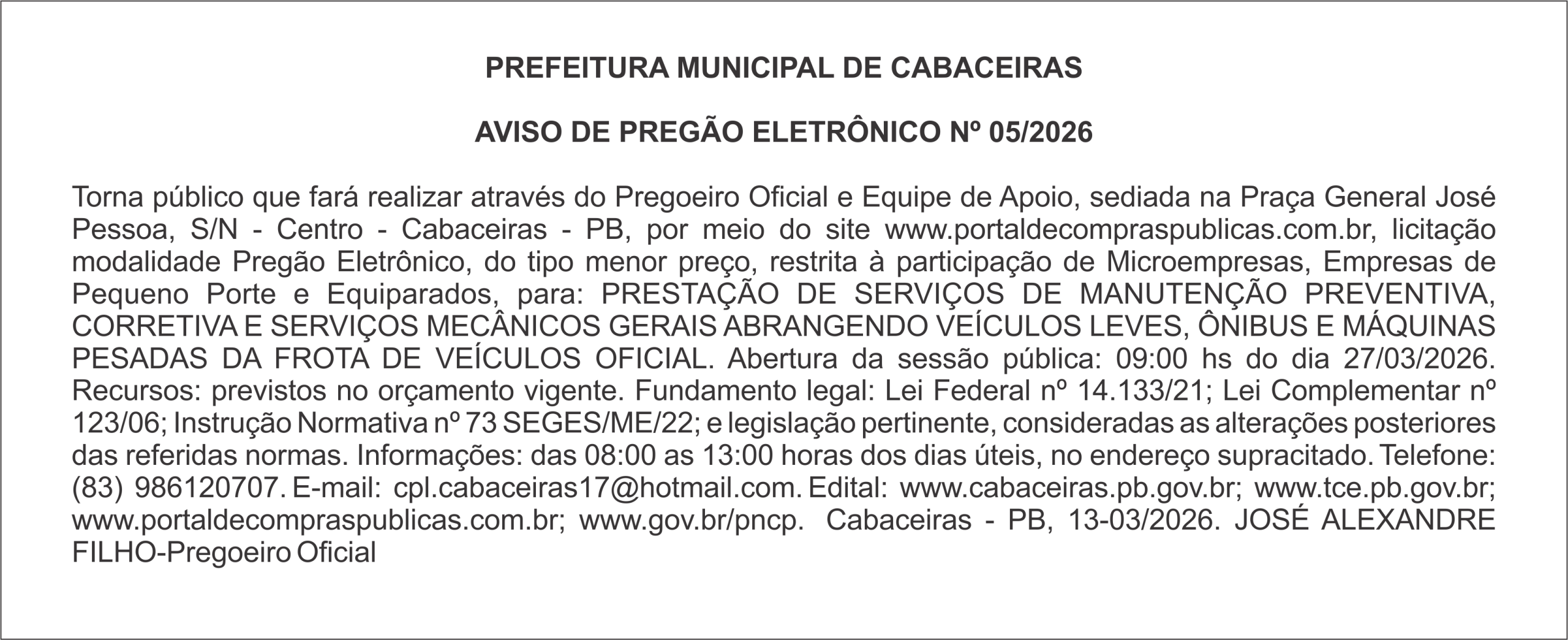 PREFEITURA MUNICIPAL DE CABACEIRAS – AVISO DE PREGÃO ELETRÔNICO Nº 05/2026