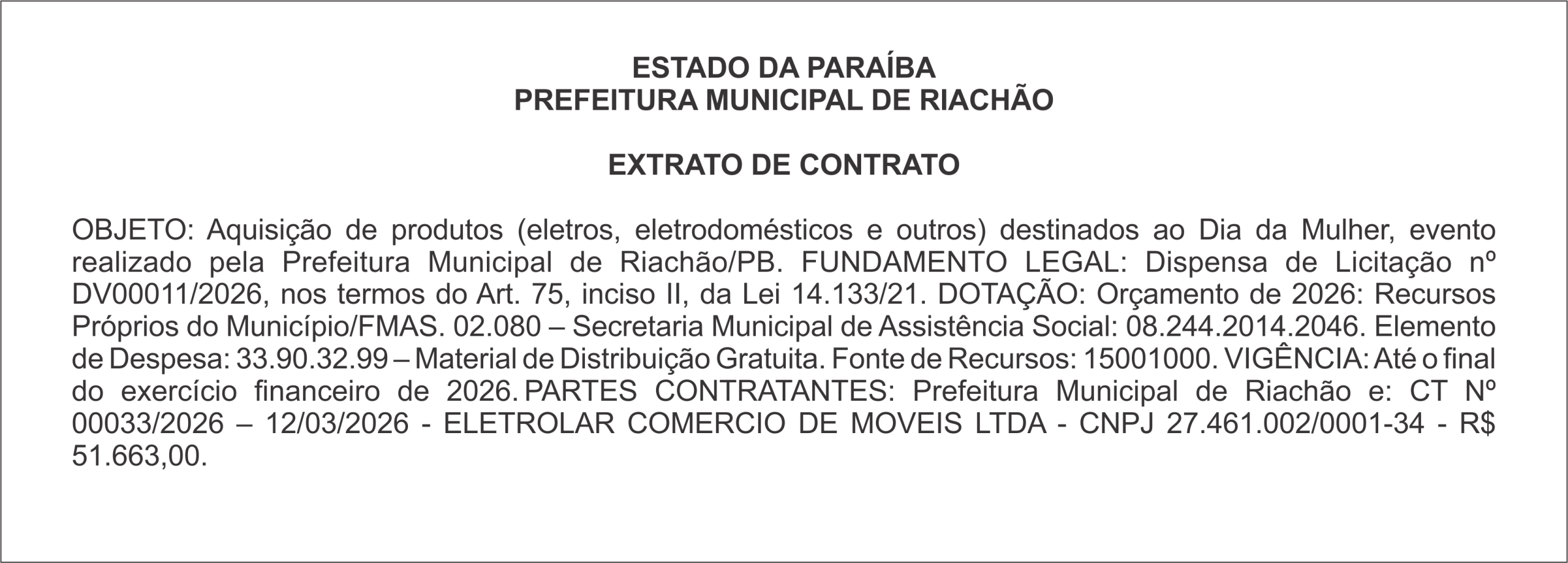 PREFEITURA MUNICIPAL DE RIACHÃO  EXTRATO DE CONTRATO