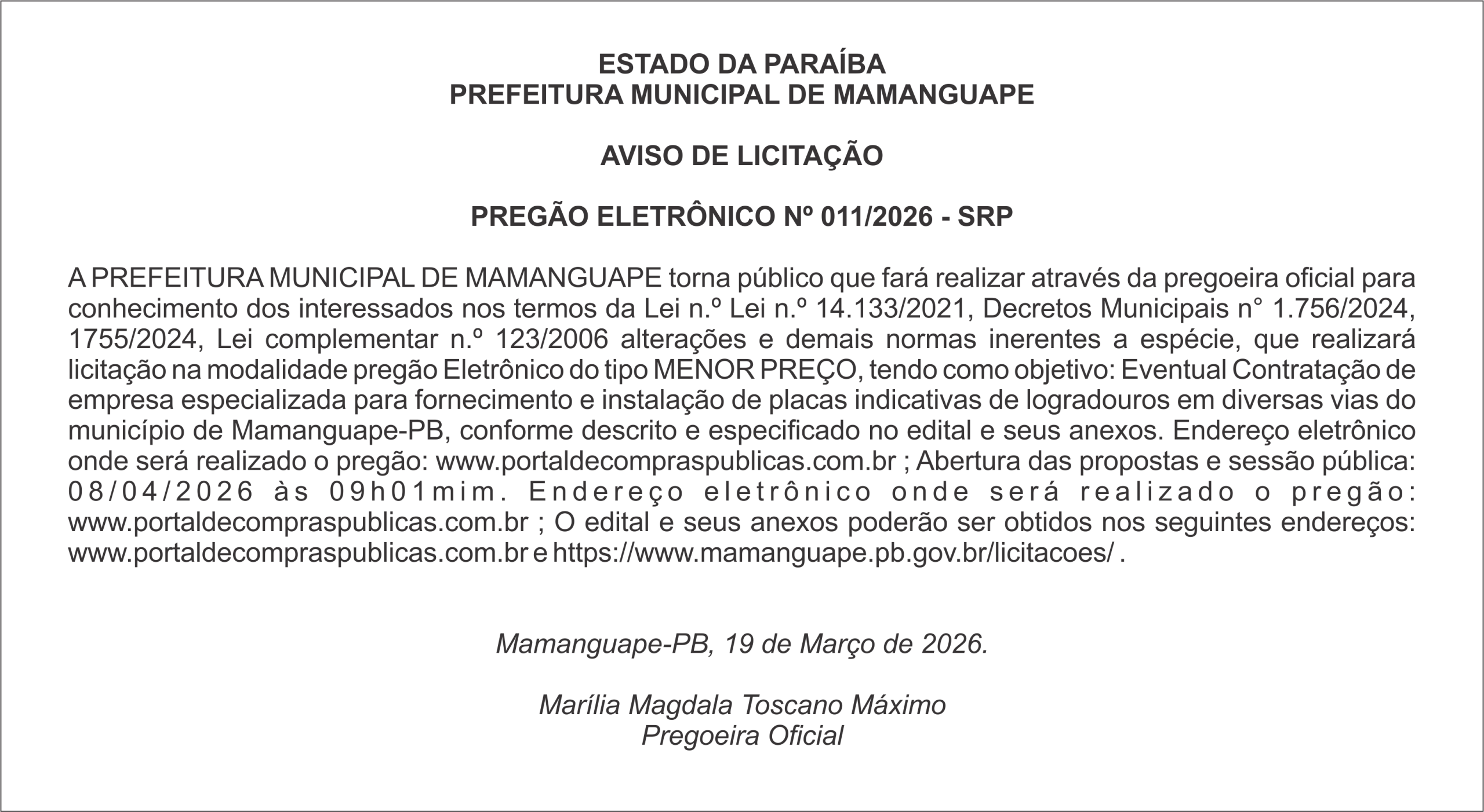 PREFEITURA MUNICIPAL DE MAMANGUAPE – AVISO DE LICITAÇÃO – PREGÃO ELETRÔNICO Nº 011/2026 – SRP
