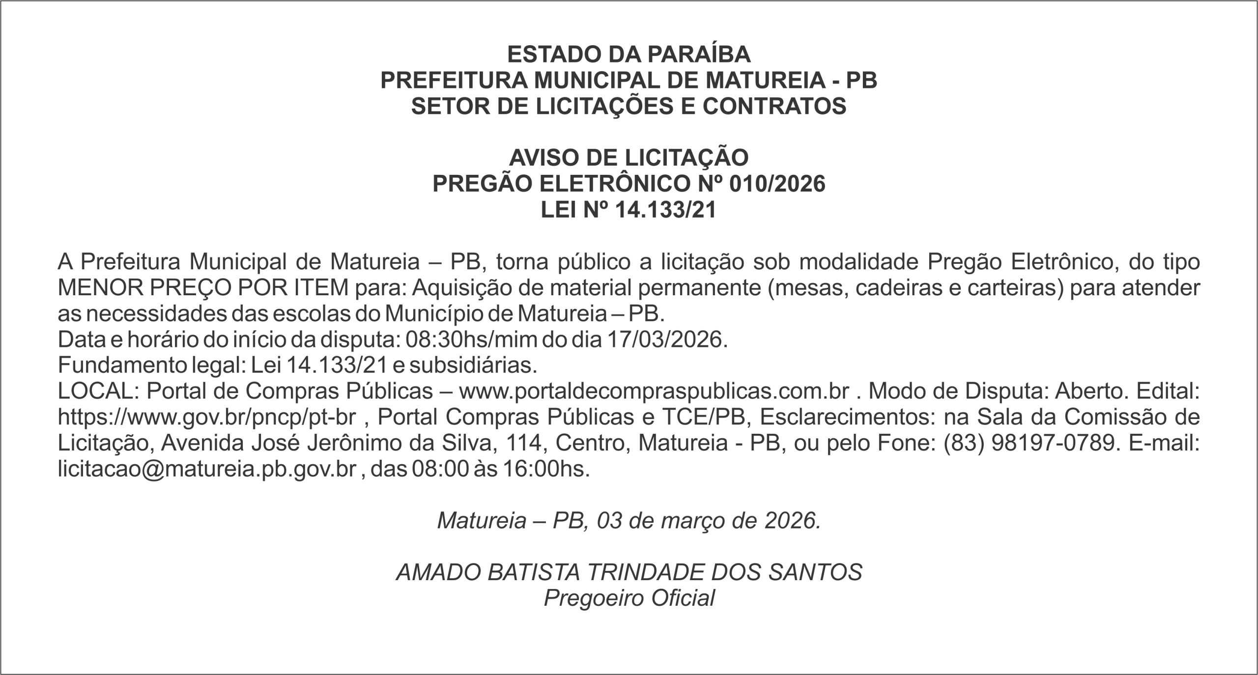 PREFEITURA MUNICIPAL DE MATUREIA – PB AVISO DE LICITAÇÃO – PREGÃO ELETRÔNICO Nº 010/2026