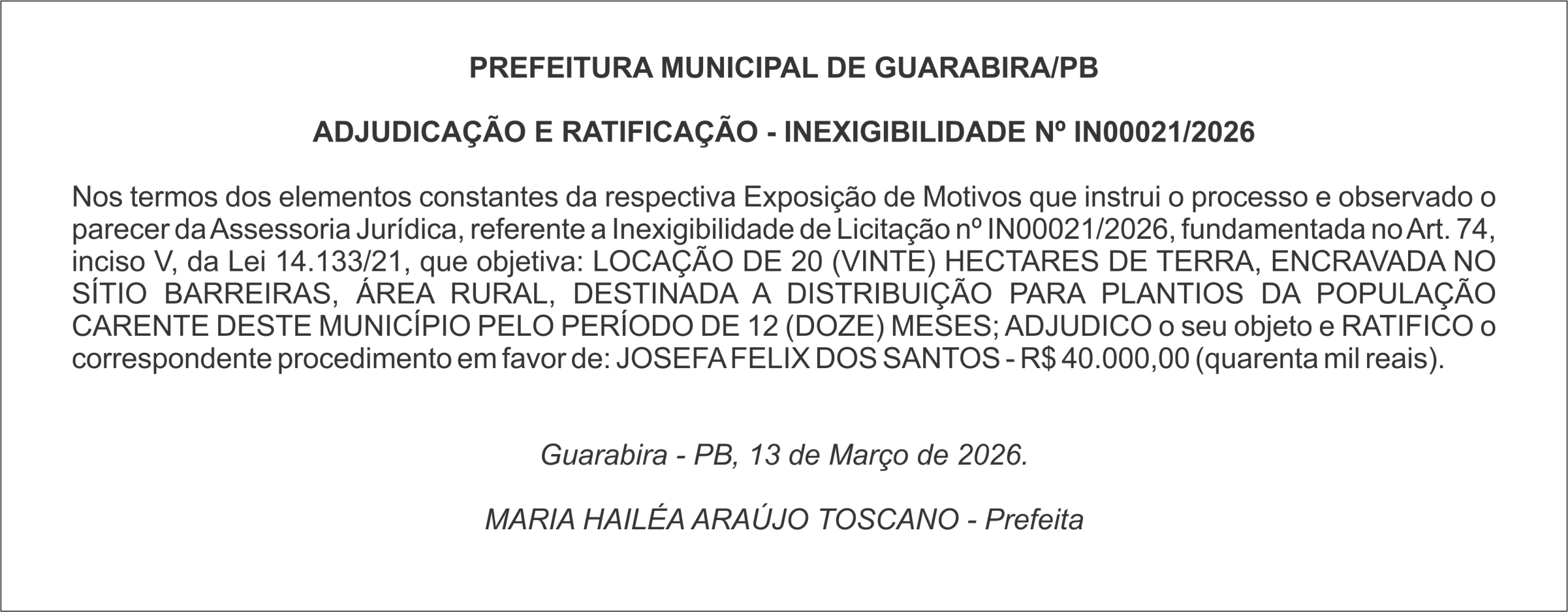 PREFEITURA MUNICIPAL DE GUARABIRA/PB – ADJUDICAÇÃO E RATIFICAÇÃO – INEXIGIBILIDADE Nº IN00021/2026