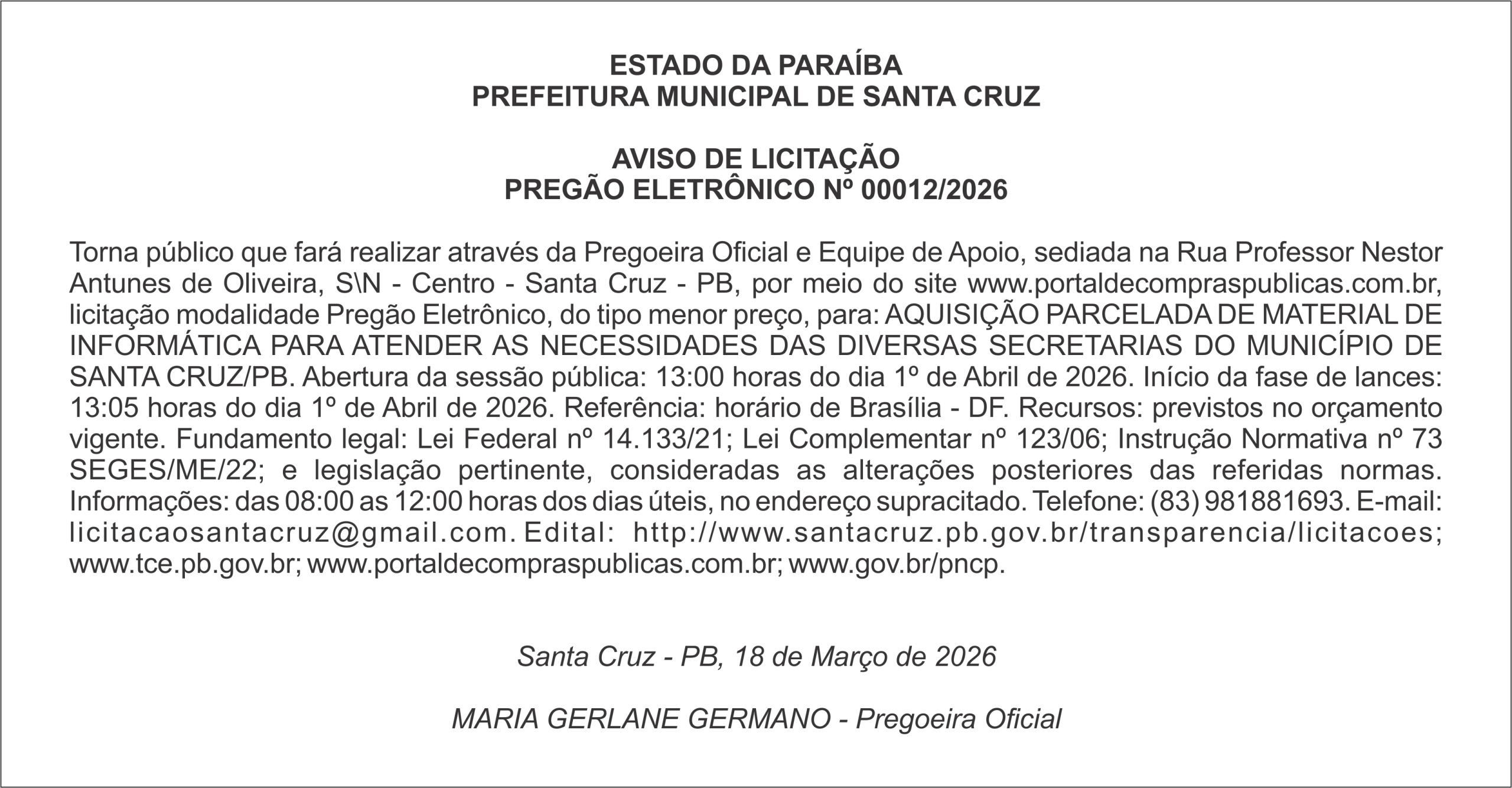 PREFEITURA MUNICIPAL DE SANTA CRUZ – AVISO DE LICITAÇÃO – PREGÃO ELETRÔNICO Nº 00012/2026