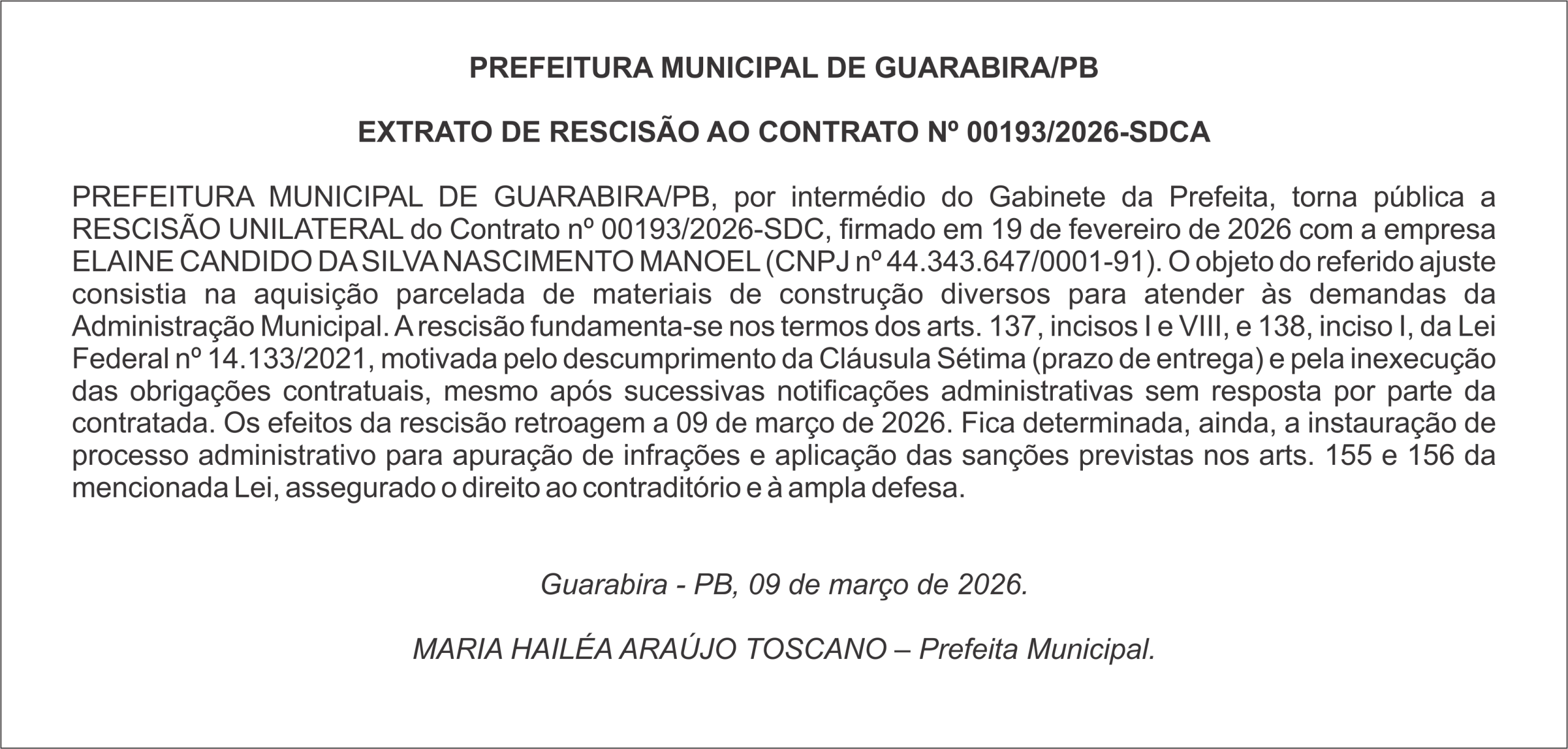 PREFEITURA MUNICIPAL DE GUARABIRA/PB  EXTRATO DE RESCISÃO AO CONTRATO Nº 00193/2026-SDCA
