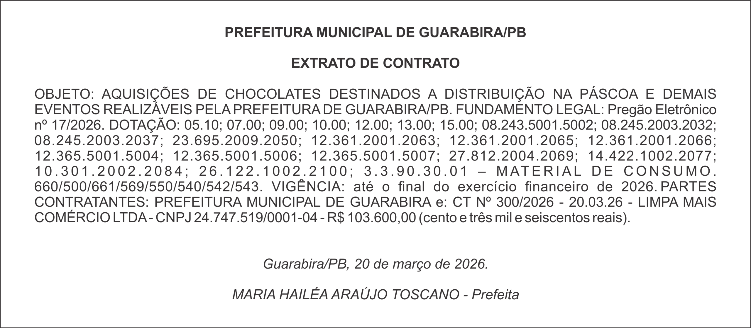 PREFEITURA MUNICIPAL DE GUARABIRA/PB – EXTRATO DE CONTRATO