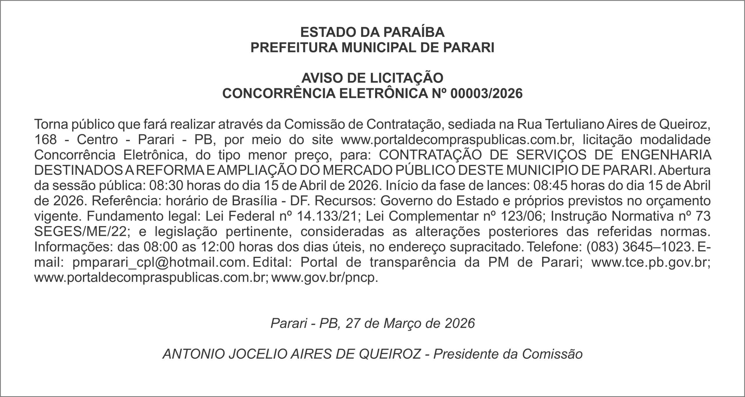PREFEITURA MUNICIPAL DE PARARI – AVISO DE LICITAÇÃO CONCORRÊNCIA ELETRÔNICA Nº 00003/2026