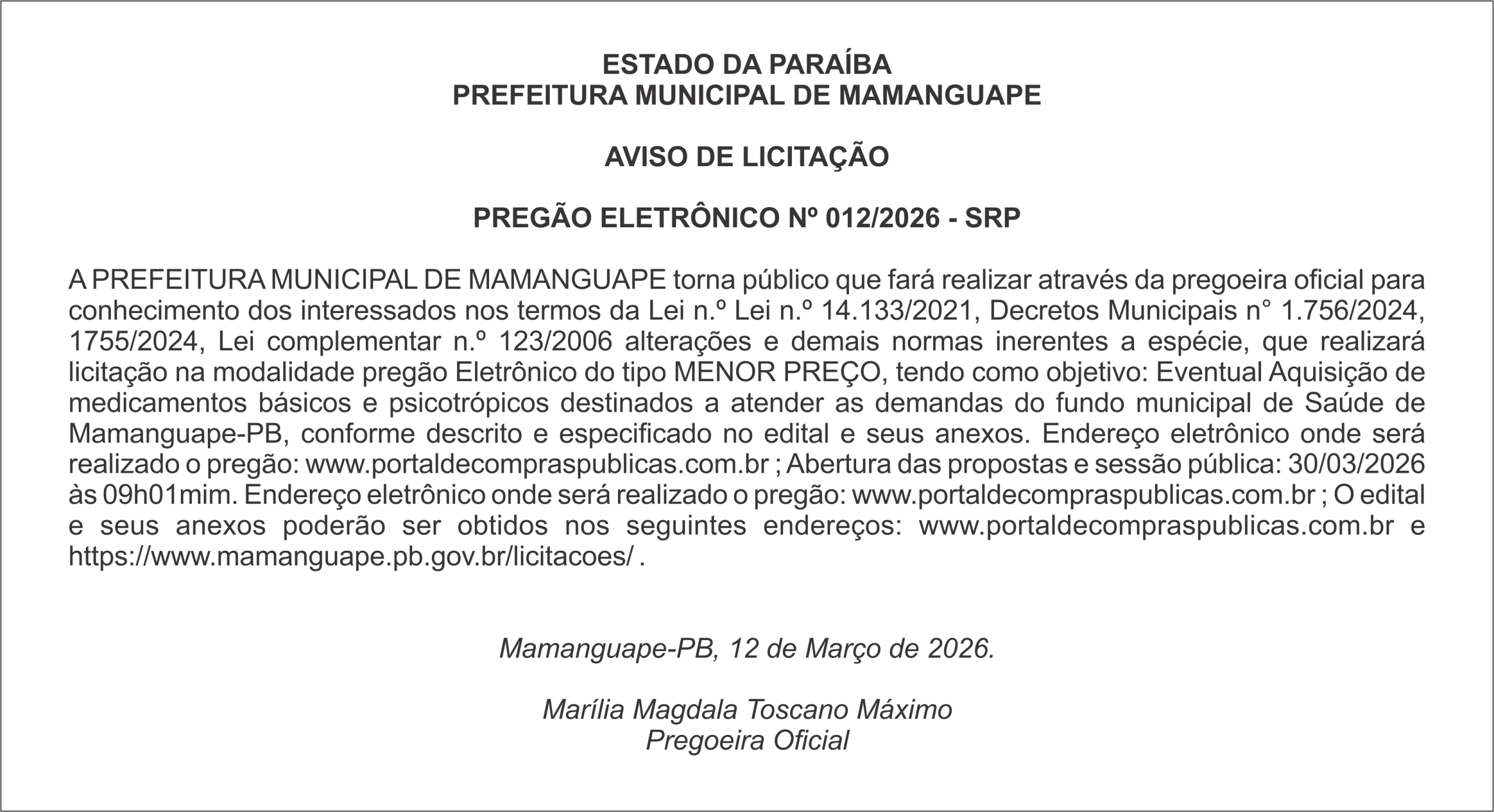 PREFEITURA MUNICIPAL DE MAMANGUAPE – AVISO DE LICITAÇÃO – PREGÃO ELETRÔNICO Nº 012/2026 – SRP