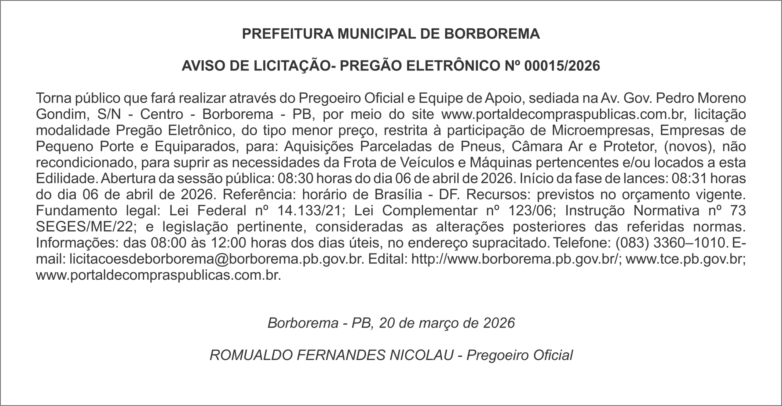 PREFEITURA MUNICIPAL DE BORBOREMA – AVISO DE LICITAÇÃO- PREGÃO ELETRÔNICO Nº 00015/2026