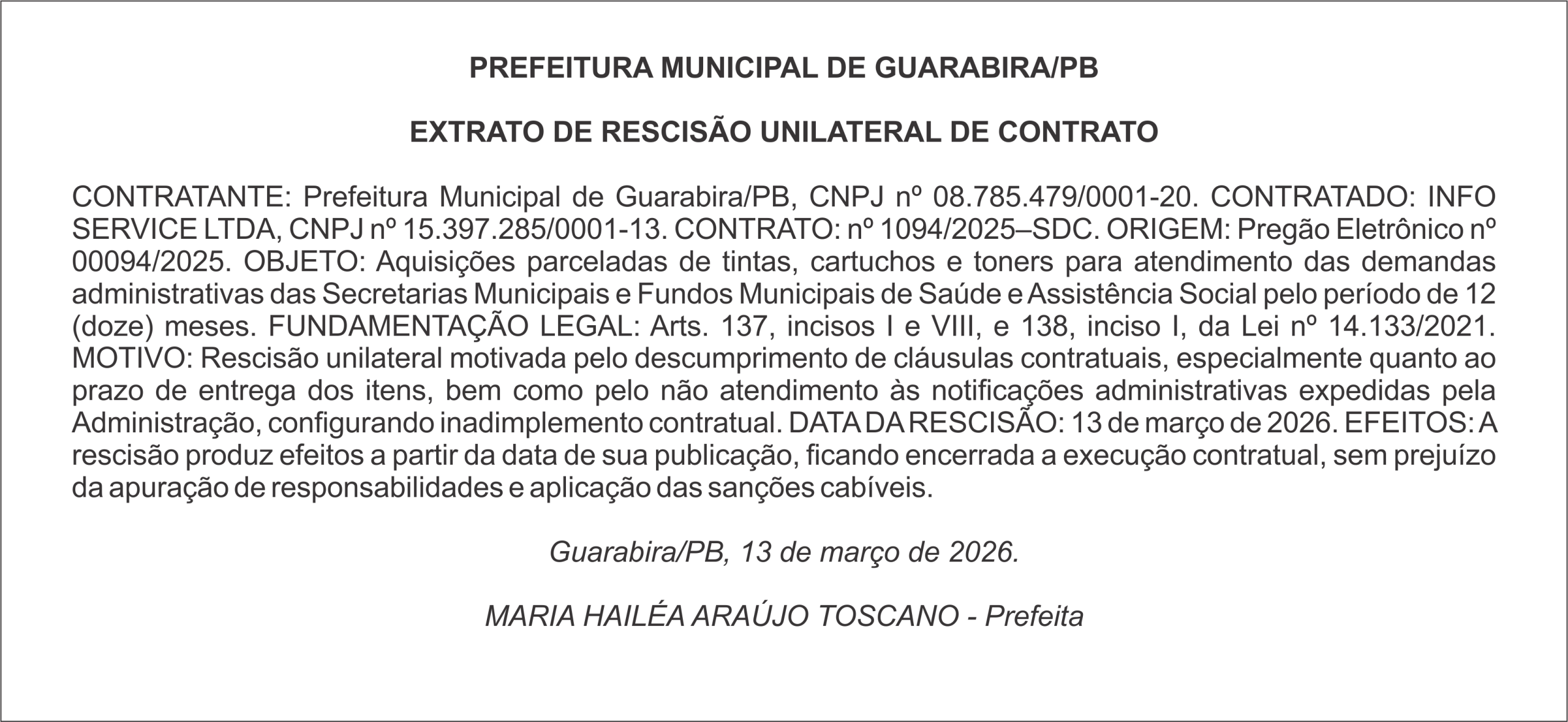 PREFEITURA MUNICIPAL DE GUARABIRA/PB – EXTRATO DE RESCISÃO UNILATERAL DE CONTRATO