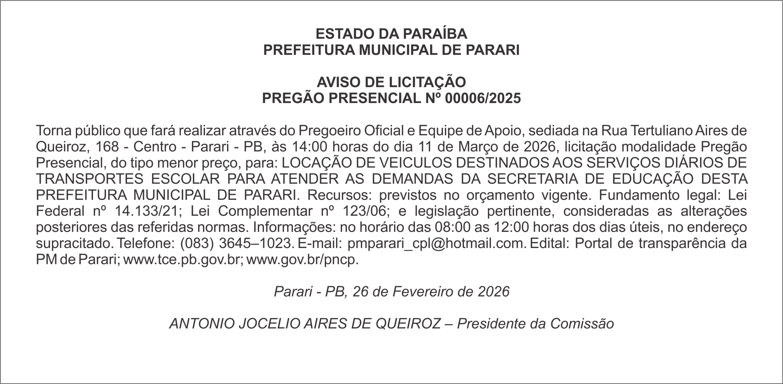PREFEITURA MUNICIPAL DE PARARI – AVISO DE LICITAÇÃO PREGÃO PRESENCIAL Nº 00006/2025