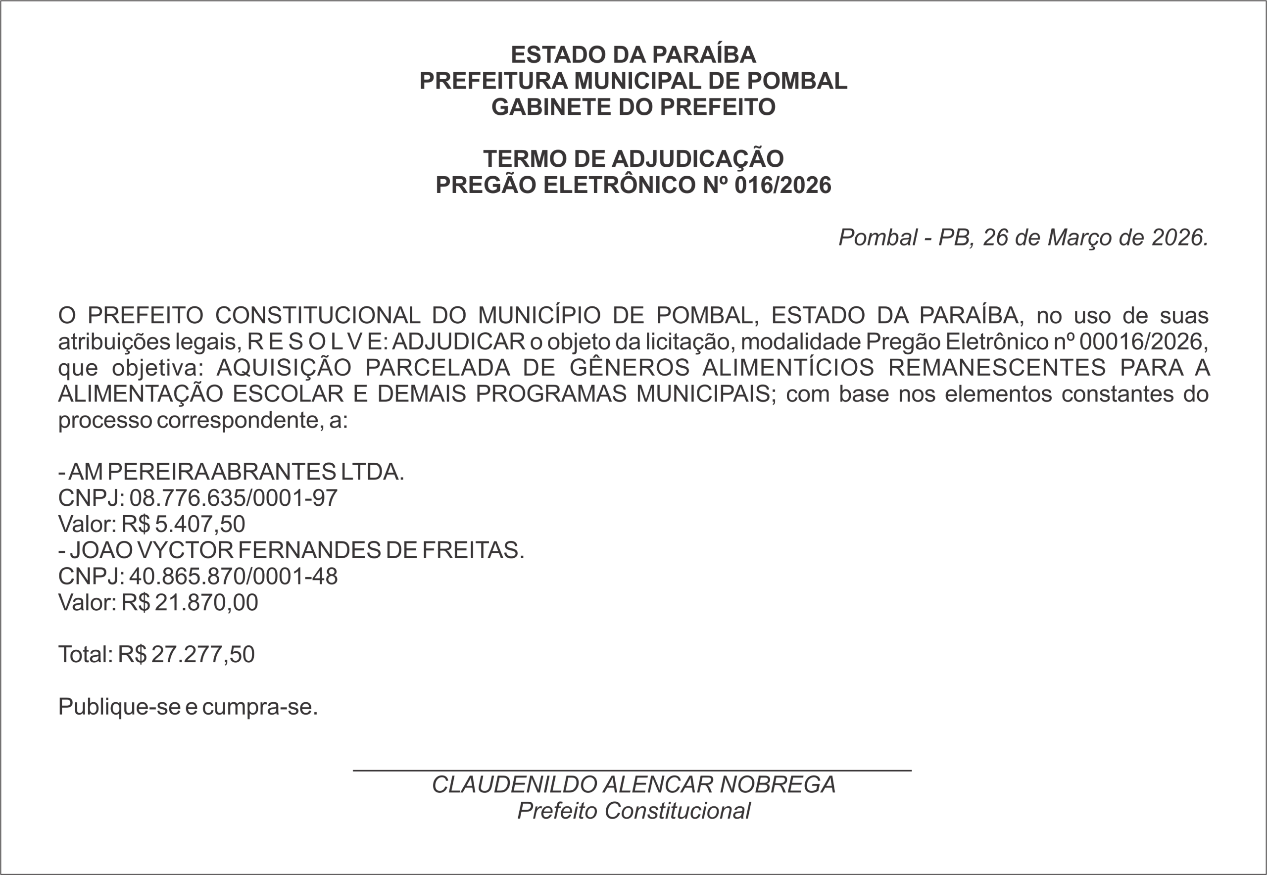 PREFEITURA MUNICIPAL DE POMBAL – TERMO DE ADJUDICAÇÃO – PREGÃO ELETRÔNICO Nº 016/2026