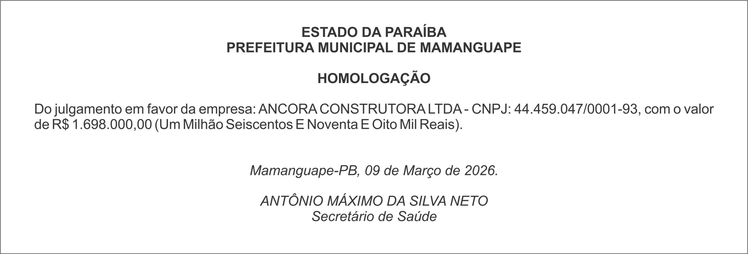 PREFEITURA MUNICIPAL DE MAMANGUAPE – HOMOLOGAÇÃO