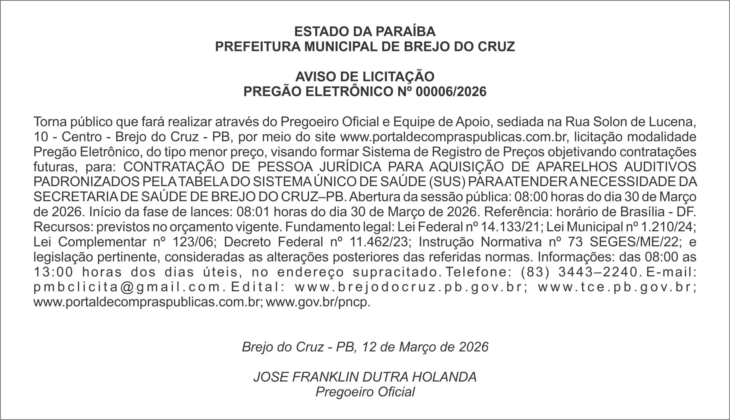 PREFEITURA MUNICIPAL DE BREJO DO CRUZ – AVISO DE LICITAÇÃO PREGÃO ELETRÔNICO Nº 00006/2026