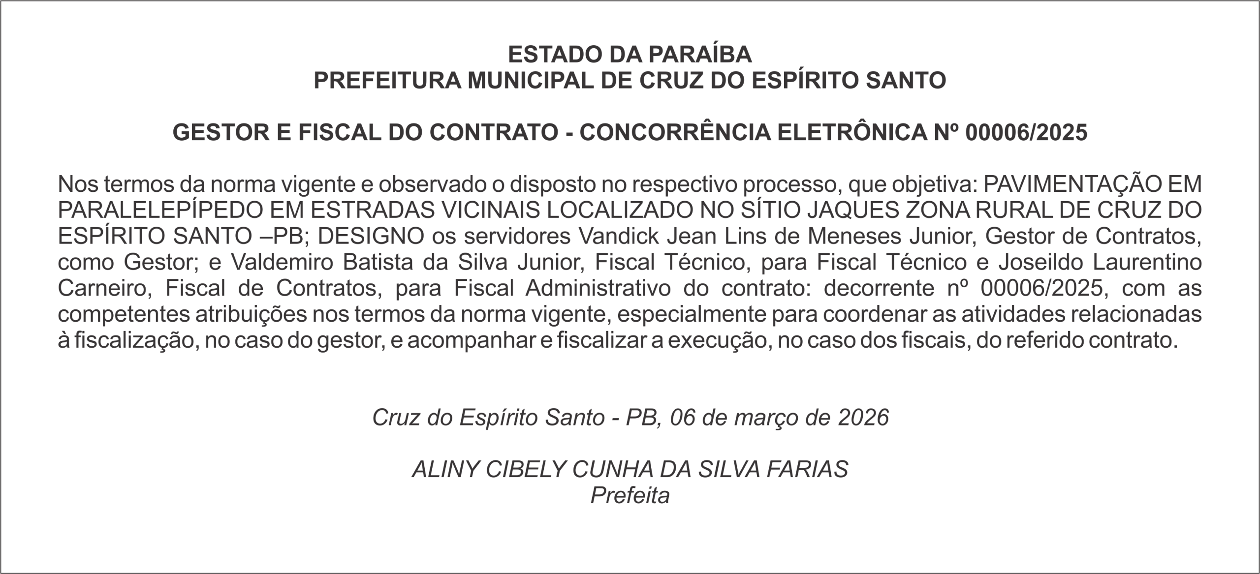 PREFEITURA MUNICIPAL DE CRUZ DO ESPÍRITO SANTO  – CONCORRÊNCIA ELETRÔNICA Nº 00006/2025