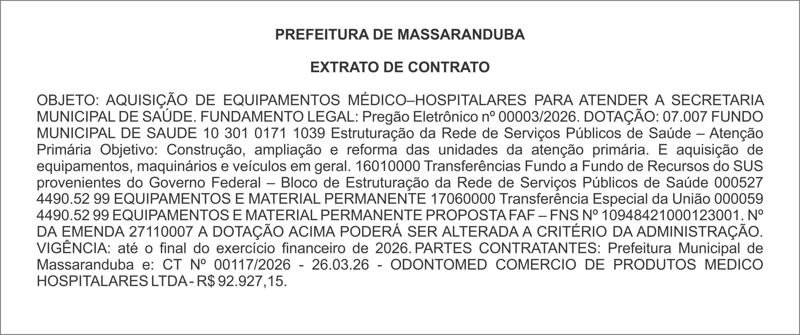 PREFEITURA DE MASSARANDUBA – EXTRATO DE CONTRATOS