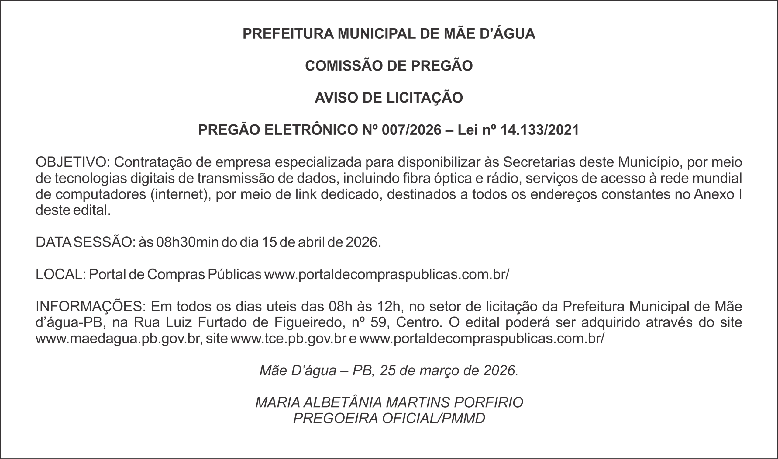 PREFEITURA DE MÃE D’ÁGUA – AVISO DE LICITAÇÃO – PREGÃO ELETRÔNICO Nº 007/2026