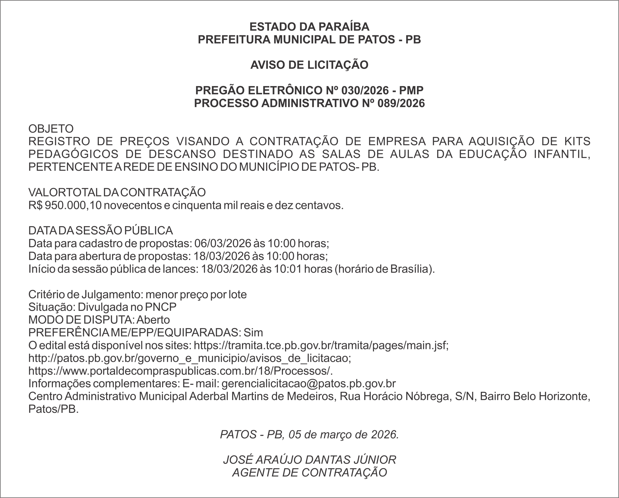 PREFEITURA MUNICIPAL DE PATOS – PB – PREGÃO ELETRÔNICO Nº 030/2026 – PMP