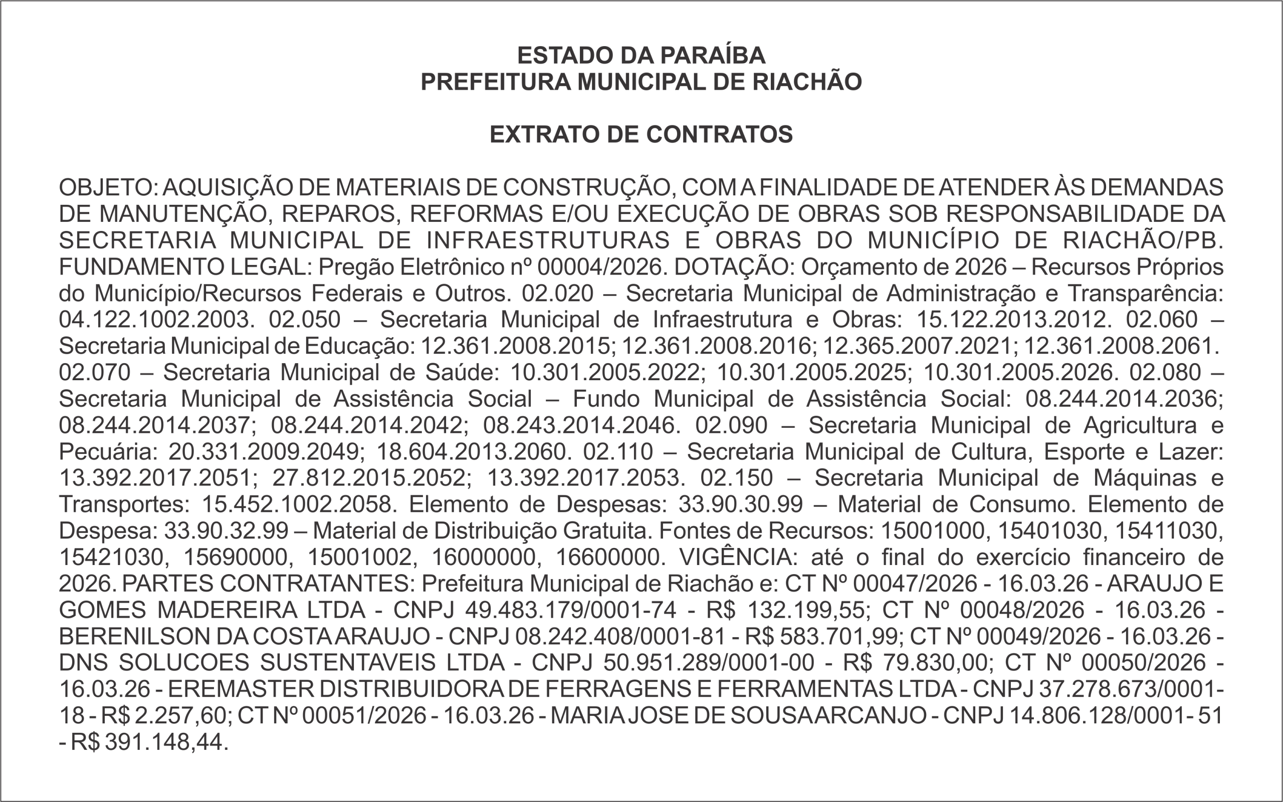 PREFEITURA MUNICIPAL DE RIACHÃO – EXTRATO DE CONTRATOS