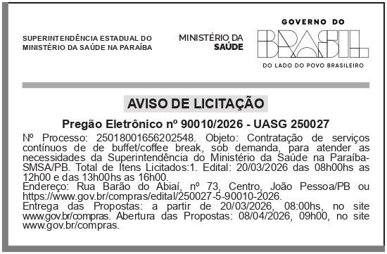 SEMS – PB – JOÃO PESSOA – Pregão Eletrônico n° 90010/2026 (coffee Break)