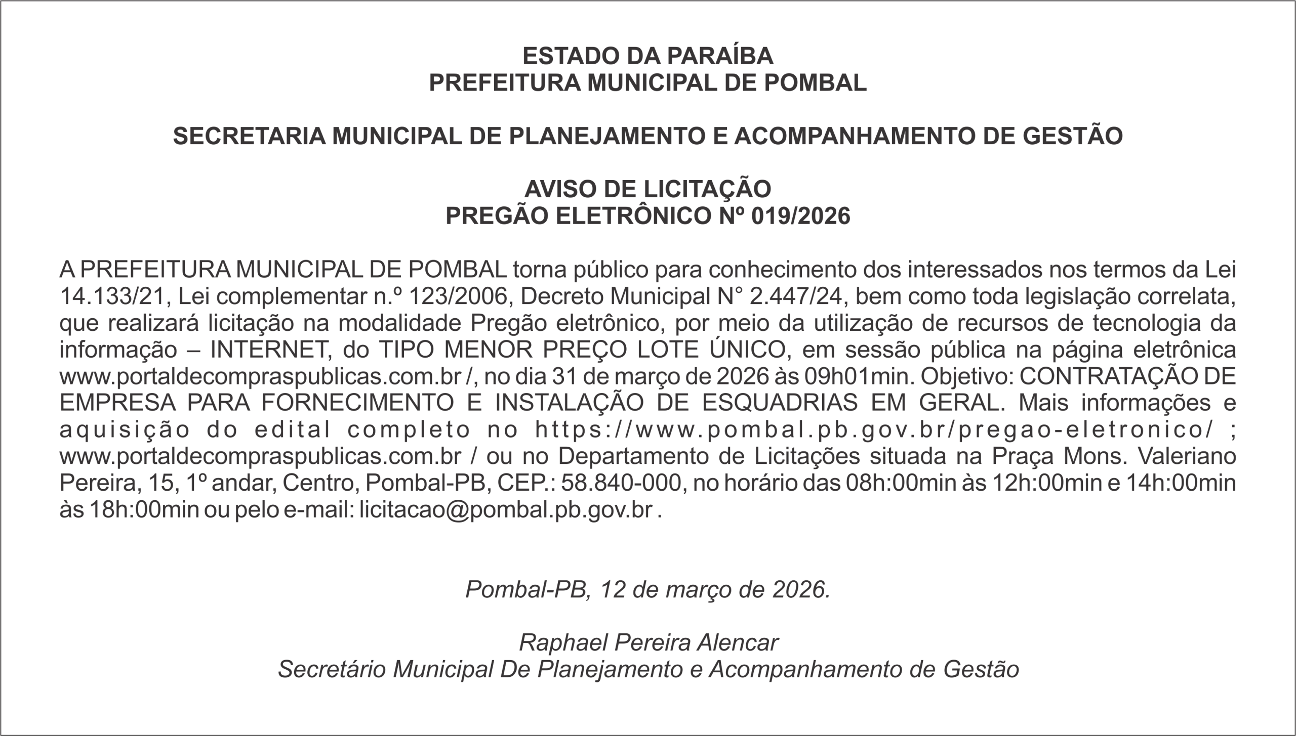 PREFEITURA MUNICIPAL DE POMBAL – AVISO DE LICITAÇÃO PREGÃO ELETRÔNICO Nº 019/2026