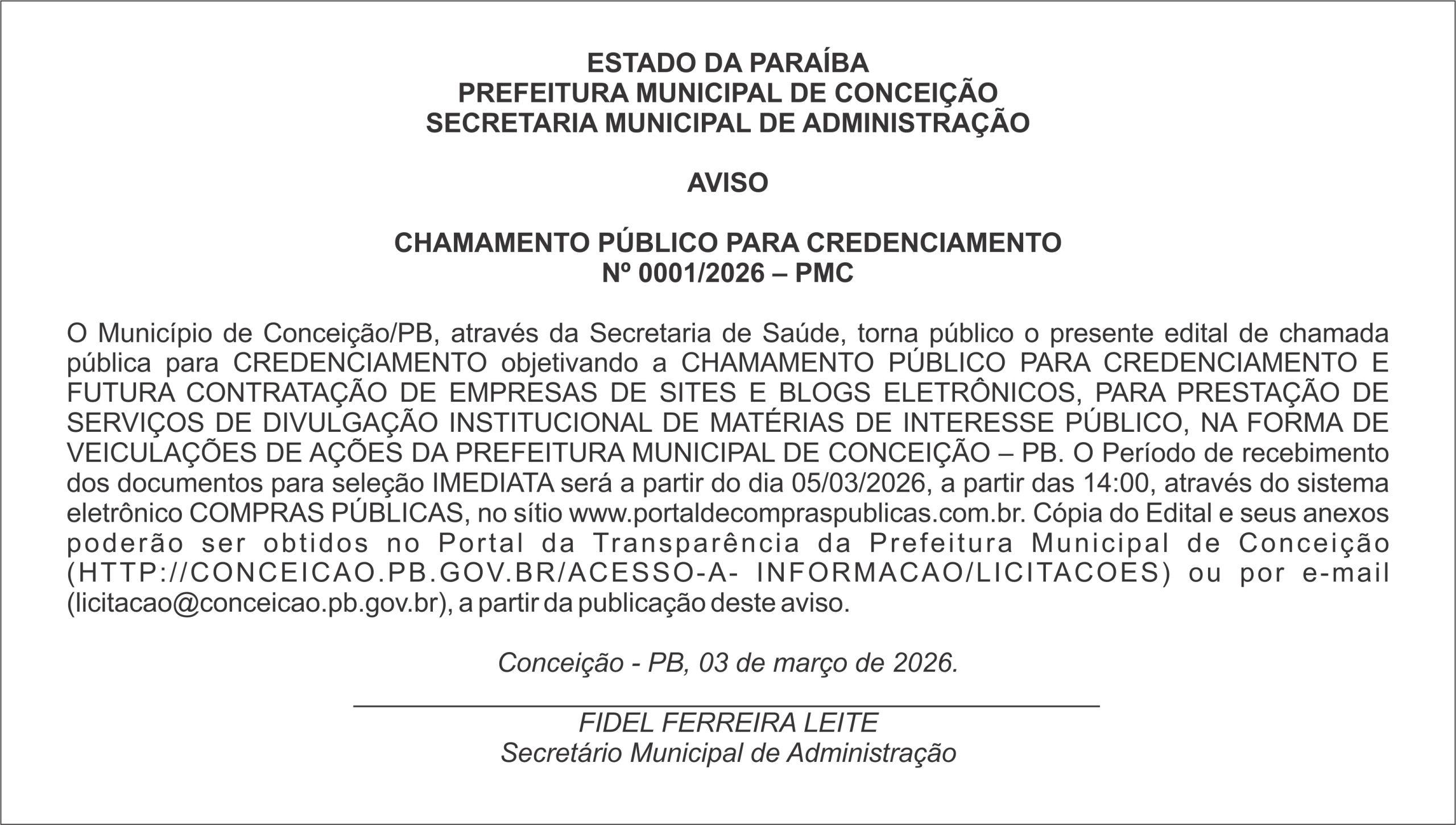 PREFEITURA MUNICIPAL DE CONCEIÇÃO-  AVISO – CHAMAMENTO PÚBLICO PARA CREDENCIAMENTO  Nº 0001/2026 – PMC