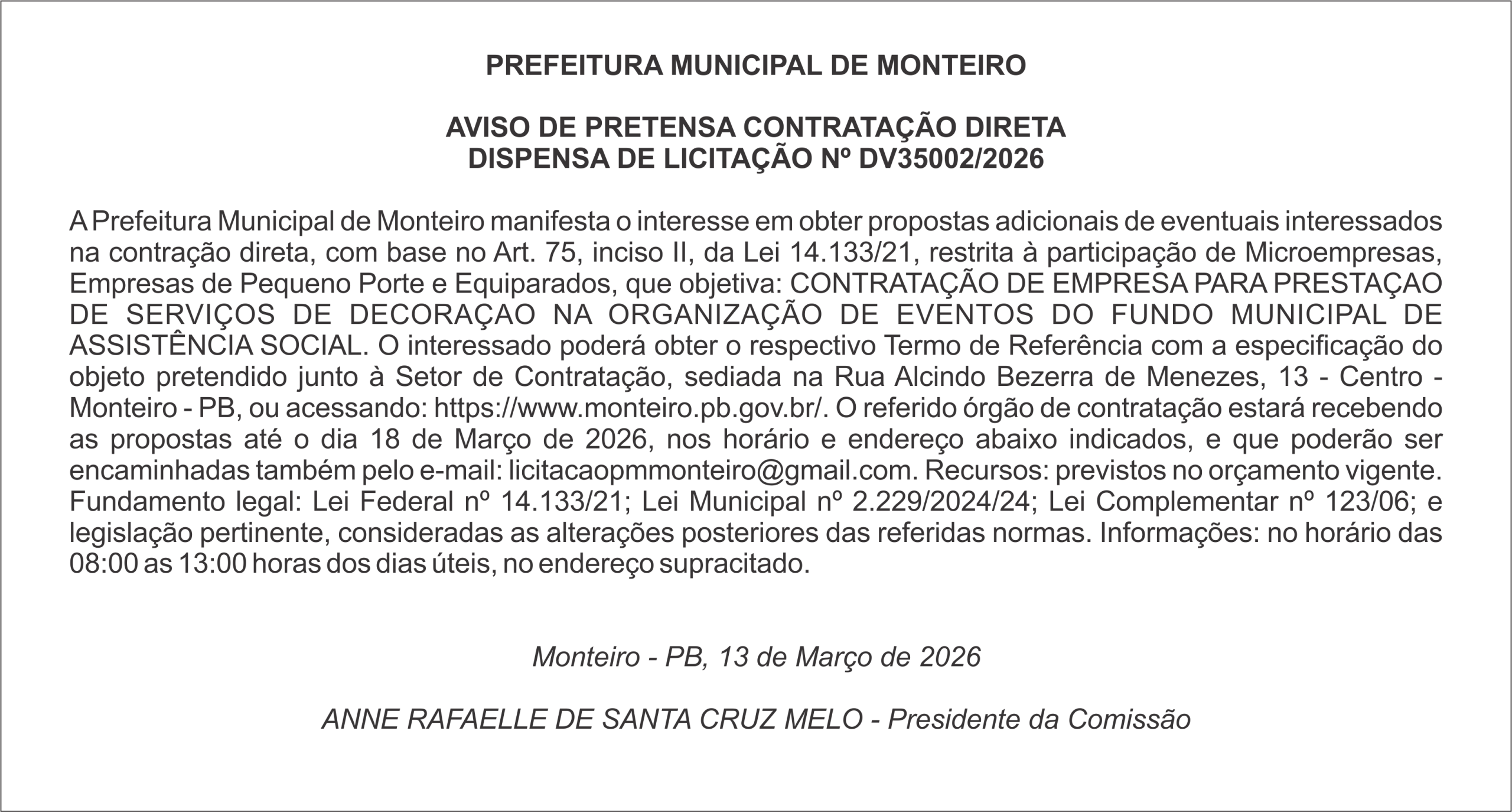 PREFEITURA MUNICIPAL DE MONTEIRO – AVISO DE PRETENSA CONTRATAÇÃO DIRETA
