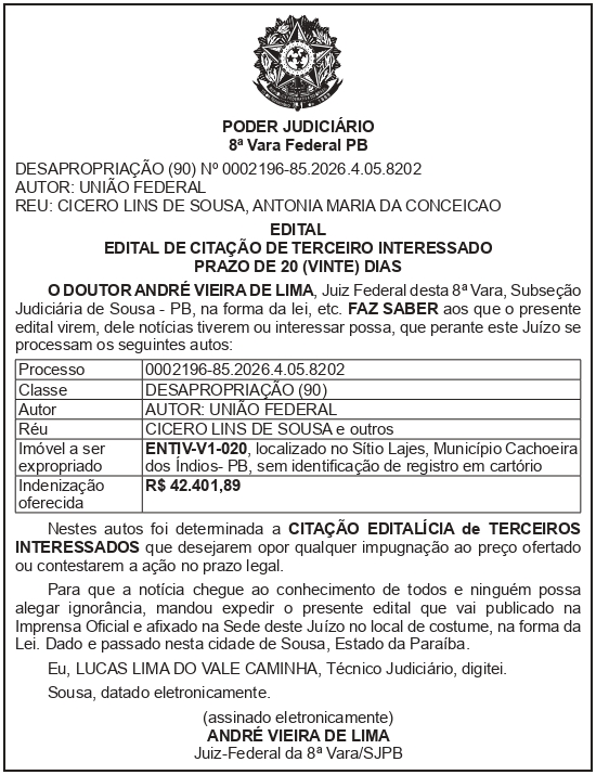SECRETARIA NACIONAL DE SEGURANÇA HIDRICA – SNSH – MDR – DF – BRASÍLIA – Edital de Citação de Terceiro Interessado – ENTIV-V1-020 (CÍCERO LINS DE SOUSA)