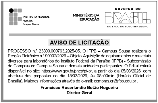 IFPB – PB – SOUSA – CAMPUS – AVISO DE LICITAÇÃO -Pregão Eletrônico No 90002/2026