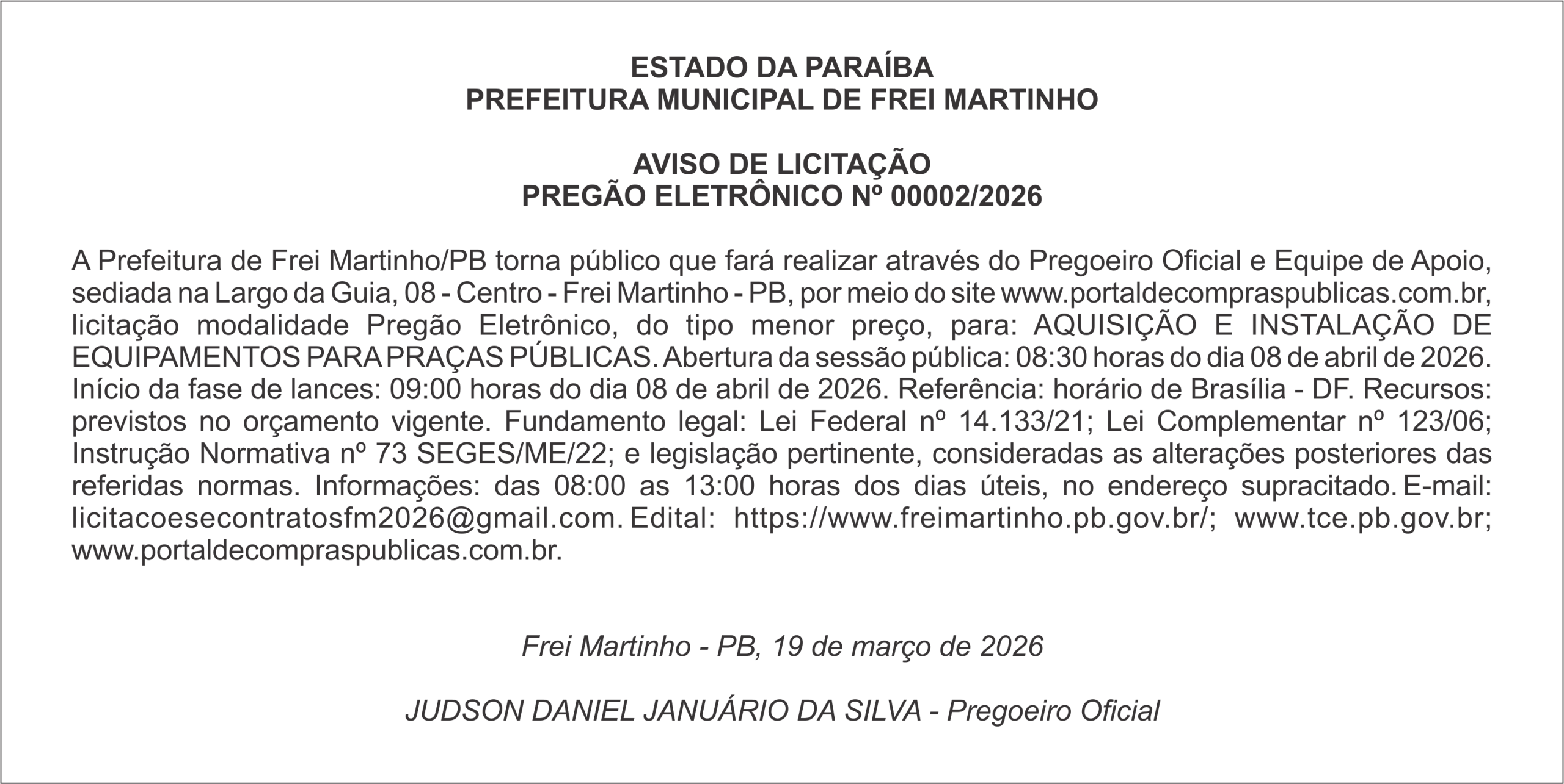 PREFEITURA MUNICIPAL DE FREI MARTINHO – AVISO DE LICITAÇÃO – PREGÃO ELETRÔNICO Nº 00002/2026