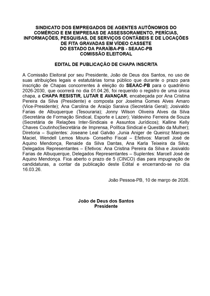SEAAC-PB  – EDITAL DE PUBLICAÇÃO DE CHAPA INSCRITA