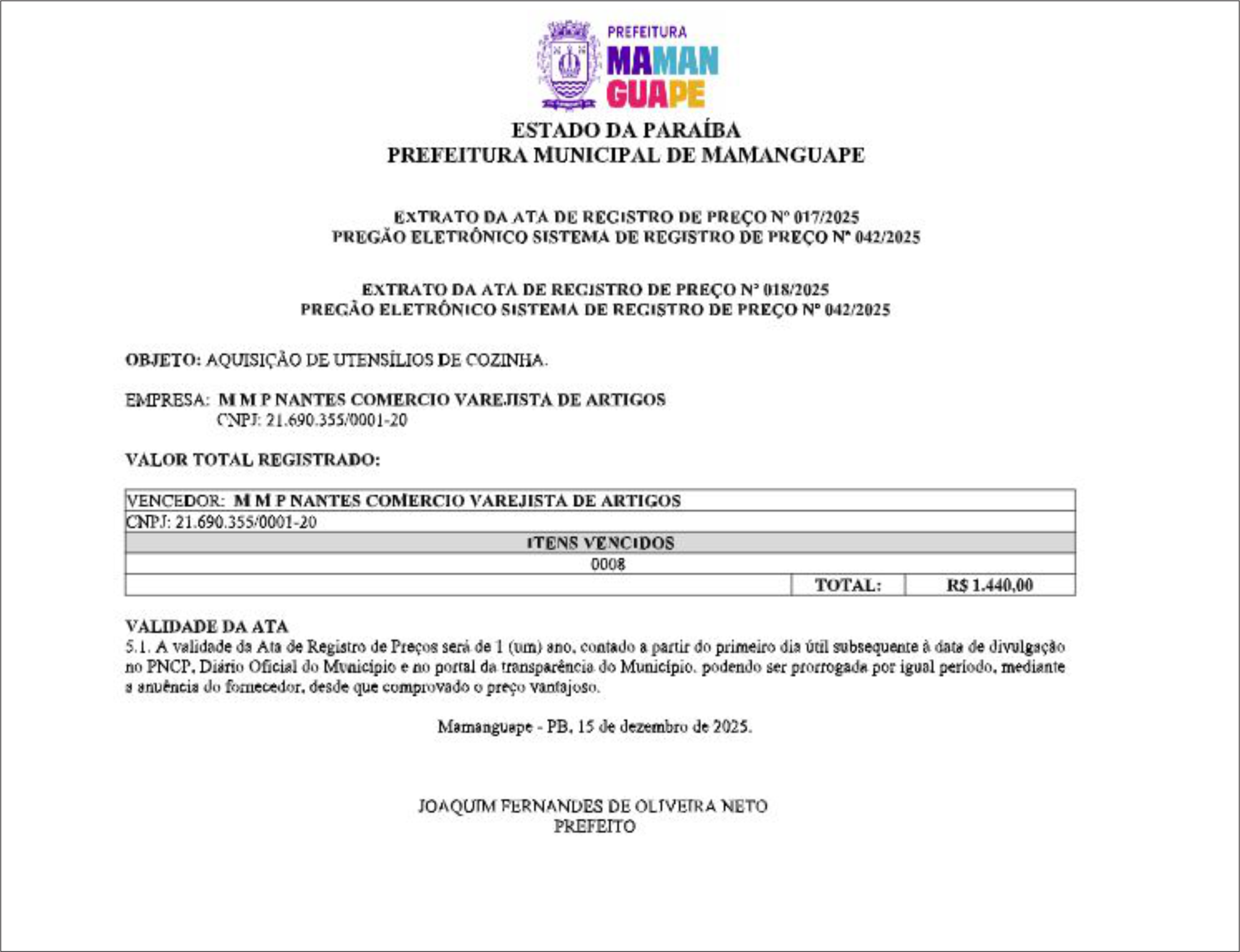 PREFEITURA MUNICIPAL DE MAMANGUAPE – EXTRATO DA ATA DE REGISTRO DE PREÇO Nº 018/2025