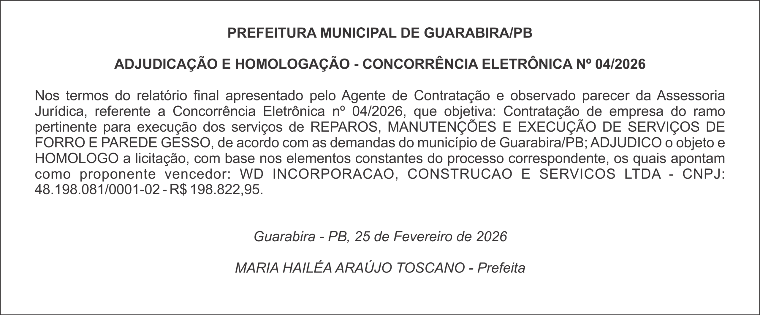 PREFEITURA MUNICIPAL DE GUARABIRA/PB   ADJUDICAÇÃO E HOMOLOGAÇÃO – CONCORRÊNCIA ELETRÔNICA Nº 04/2026