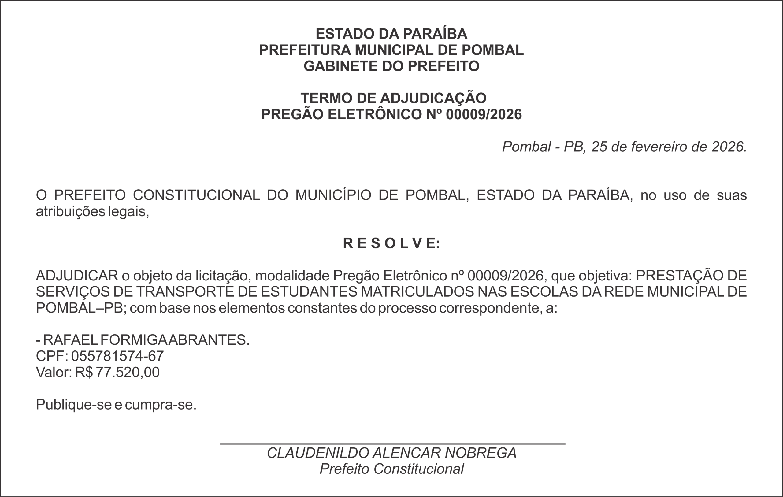 PREFEITURA MUNICIPAL DE POMBAL – TERMO DE ADJUDICAÇÃO – PREGÃO ELETRÔNICO Nº 00009/2026