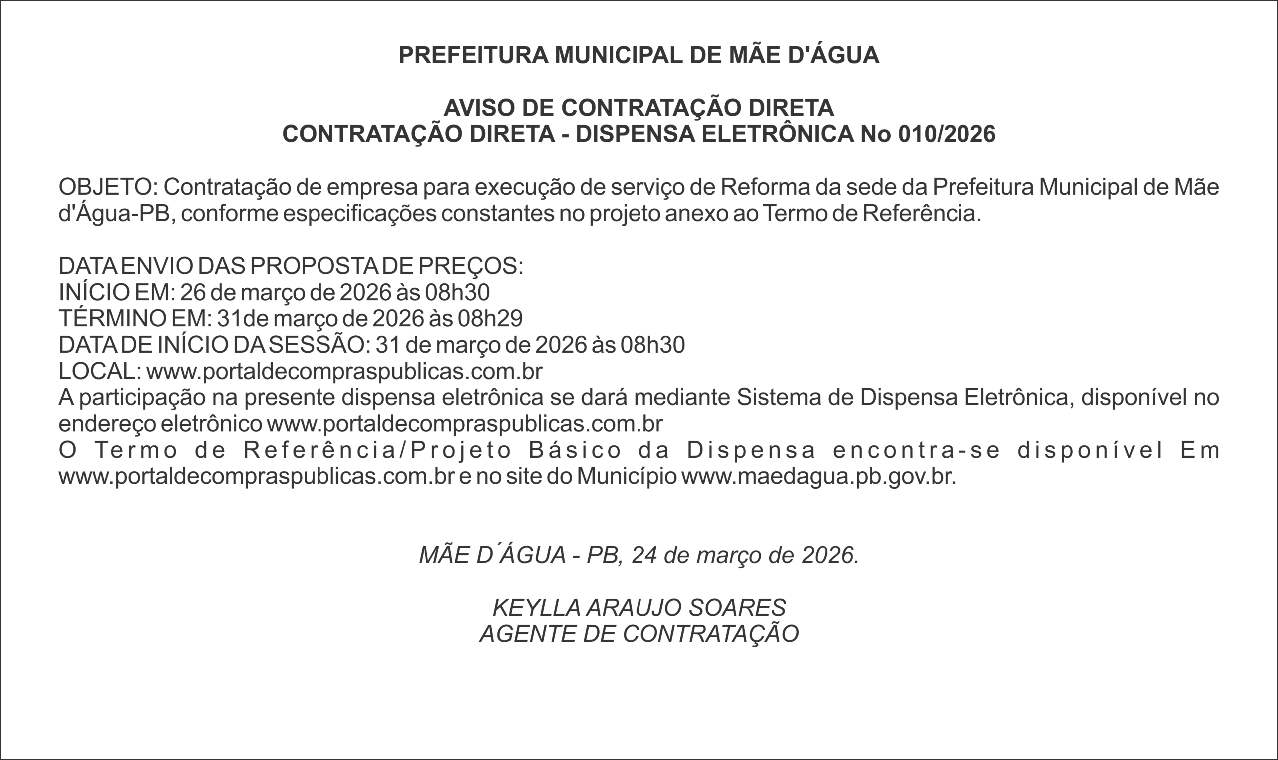 PREFEITURA DE MÃE D’ÁGUA – AVISO DE CONTRATAÇÃO DIRETA