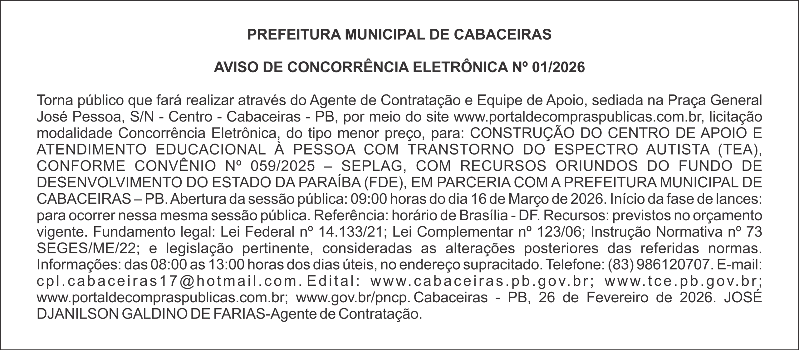 PREFEITURA MUNICIPAL DE CABACEIRAS – AVISO DE CONCORRÊNCIA ELETRÔNICA Nº 01/2026