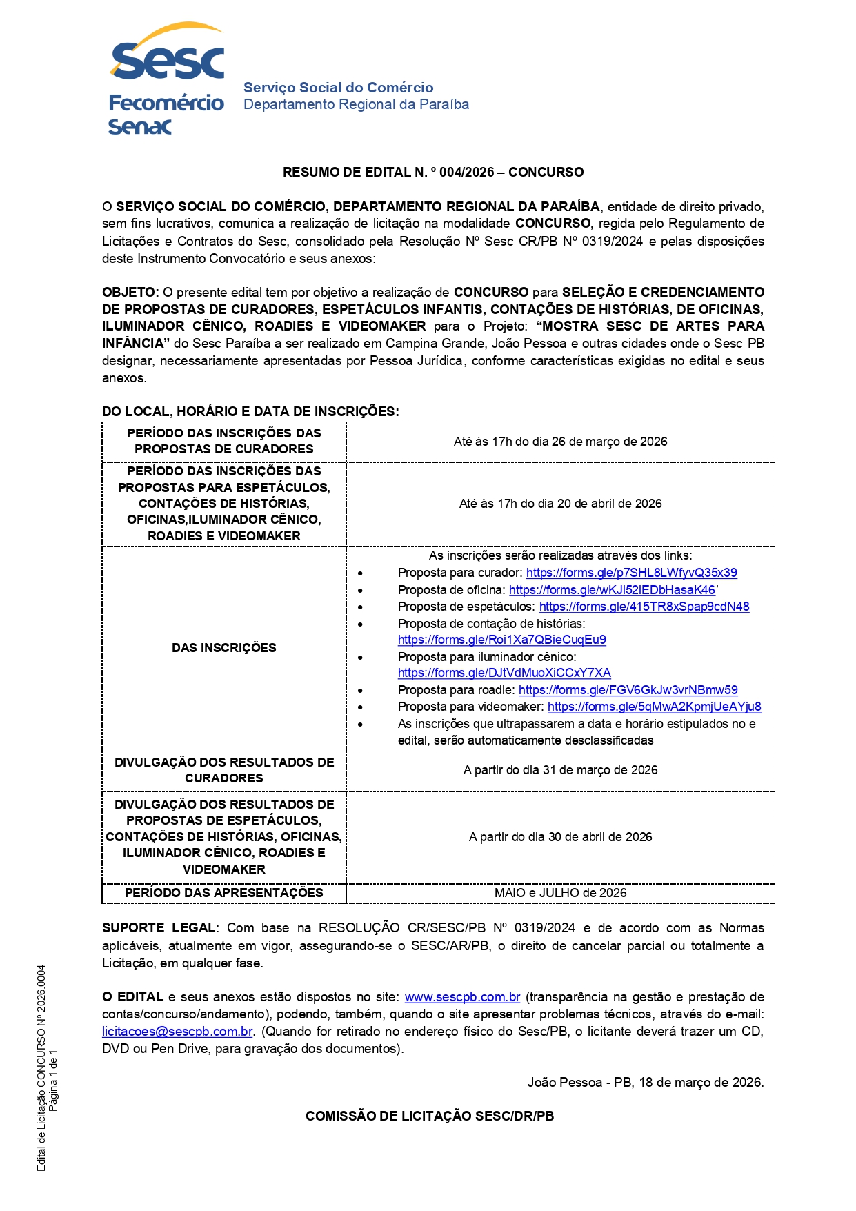 SESC – RESUMO DE EDITAL N. o 004/2026 – CONCURSO