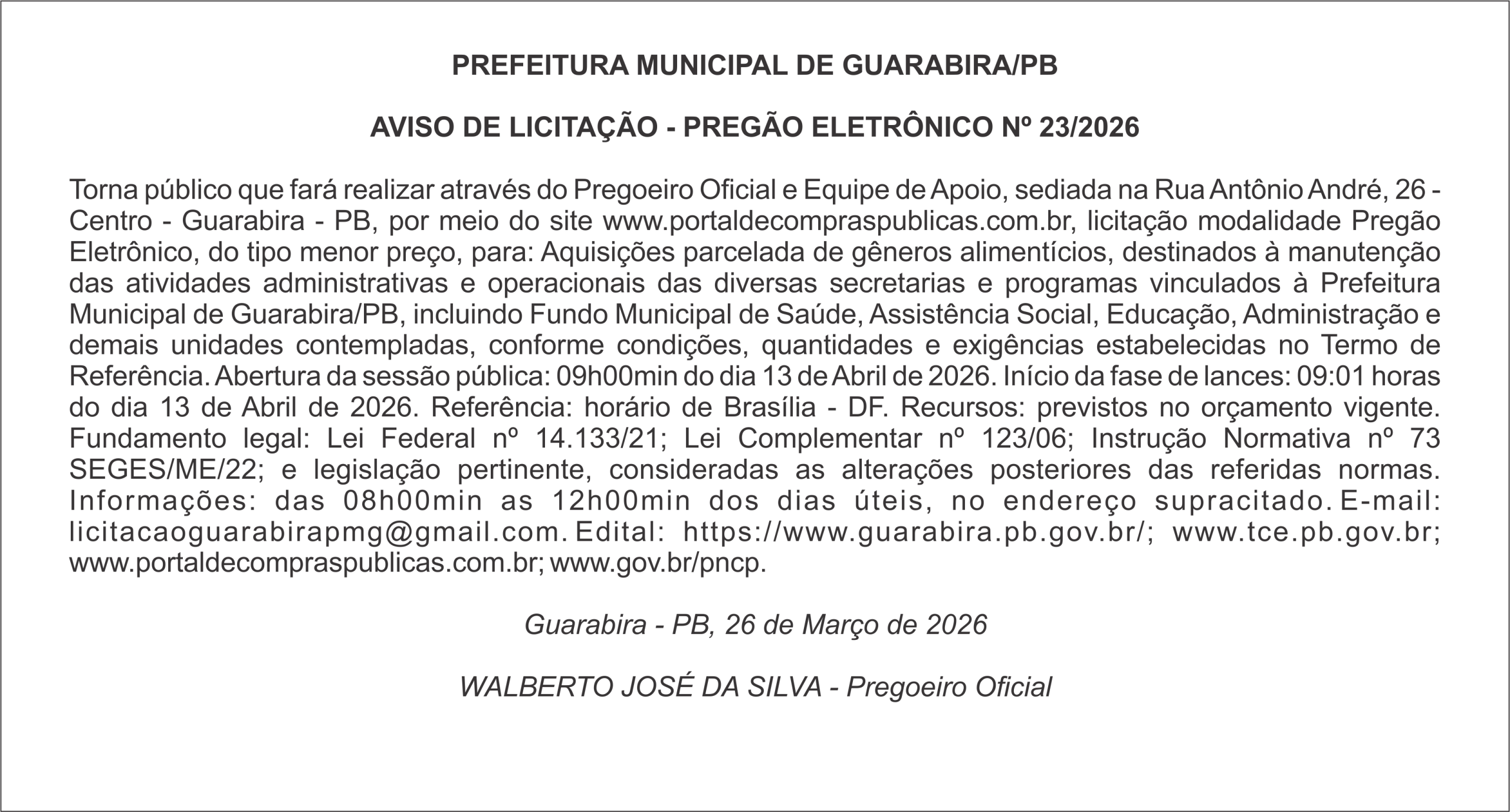PREFEITURA MUNICIPAL DE GUARABIRA/PB – AVISO DE LICITAÇÃO – PREGÃO ELETRÔNICO Nº 23/2026