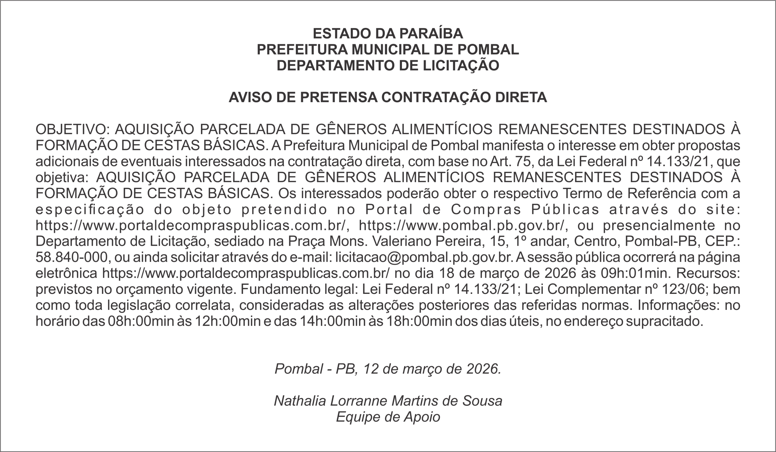 PREFEITURA MUNICIPAL DE POMBAL  – AVISO DE PRETENSA CONTRATAÇÃO DIRETA