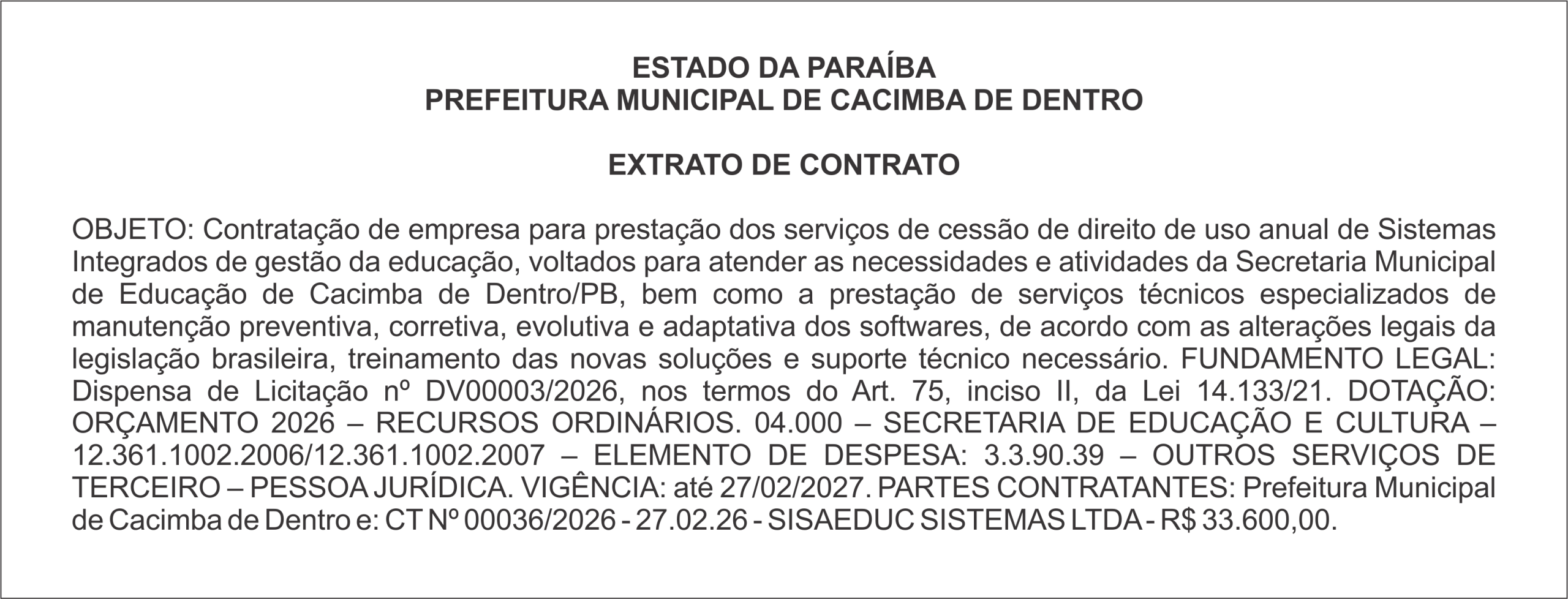 PREFEITURA MUNICIPAL DE CACIMBA DE DENTRO  EXTRATO DE CONTRATO