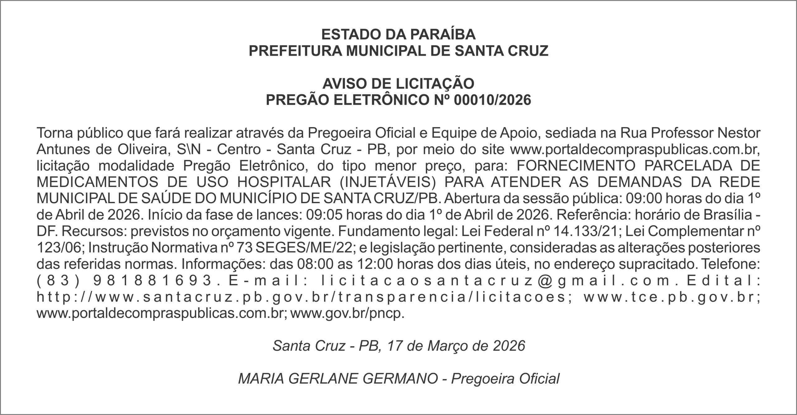 PREFEITURA MUNICIPAL DE SANTA CRUZ – AVISO DE LICITAÇÃO – PREGÃO ELETRÔNICO Nº 00010/2026