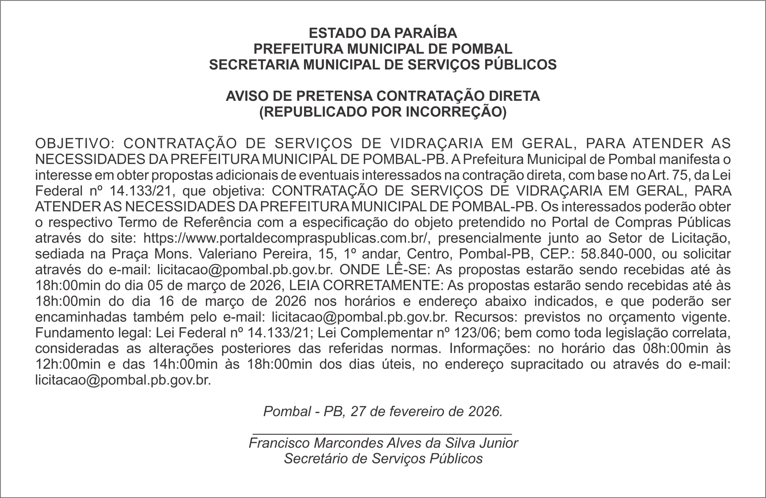 PREFEITURA MUNICIPAL DE POMBAL – AVISO DE PRETENSA CONTRATAÇÃO DIRETA (REPUBLICADO POR INCORREÇÃO)