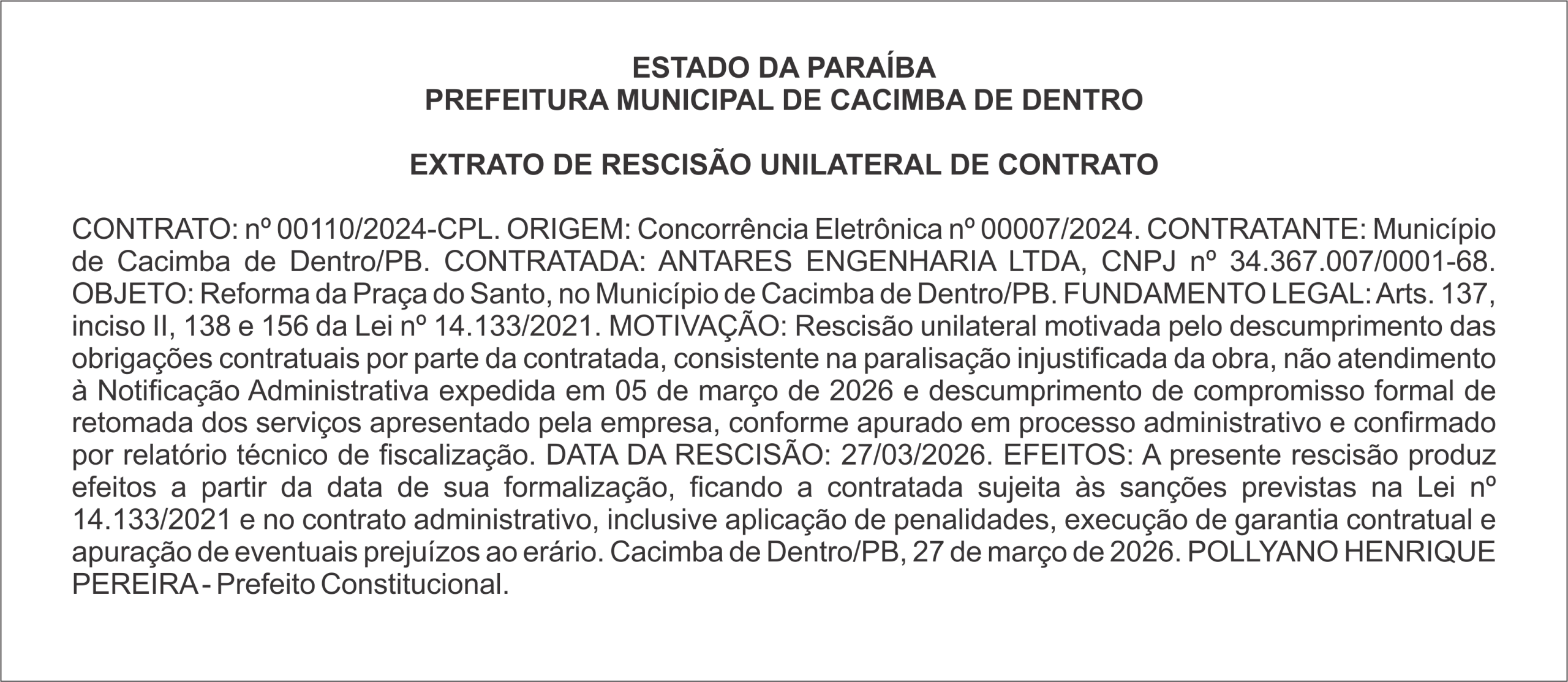 PREFEITURA MUNICIPAL DE CACIMBA DE DENTRO – EXTRATO DE RESCISÃO UNILATERAL DE CONTRATO