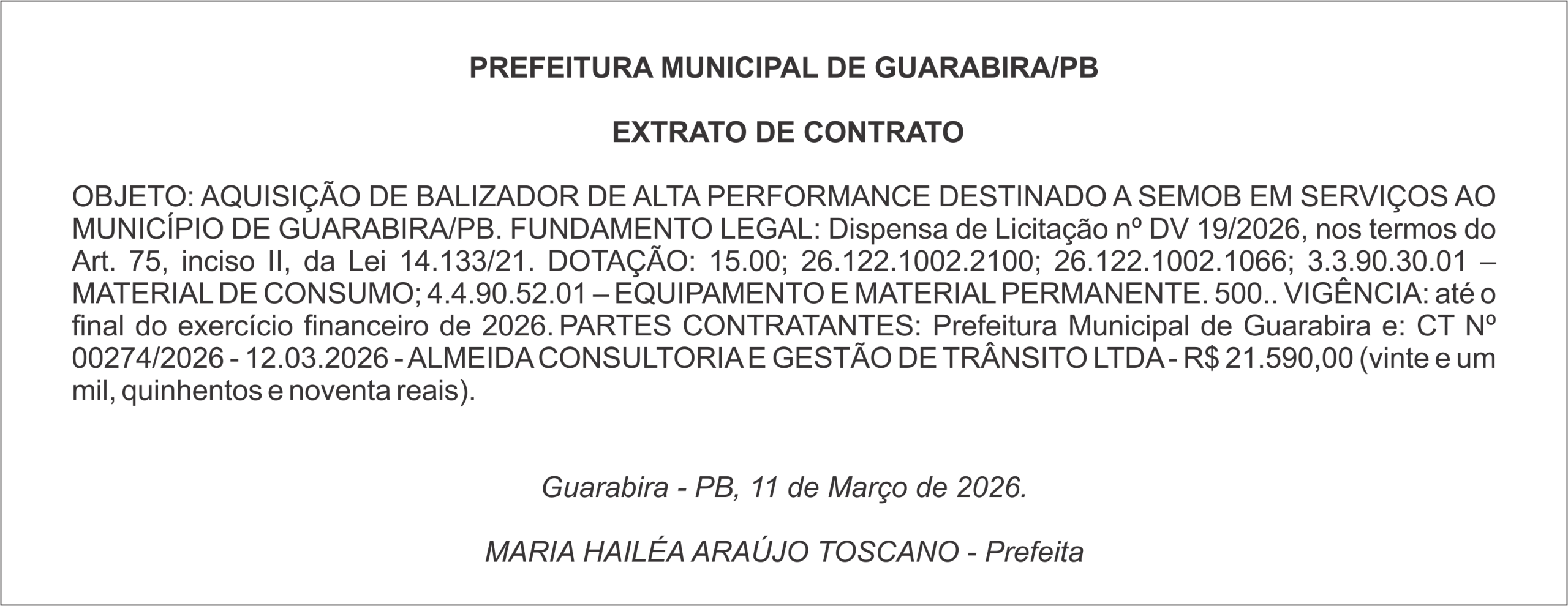 PREFEITURA MUNICIPAL DE GUARABIRA/PB – EXTRATO DE CONTRATO