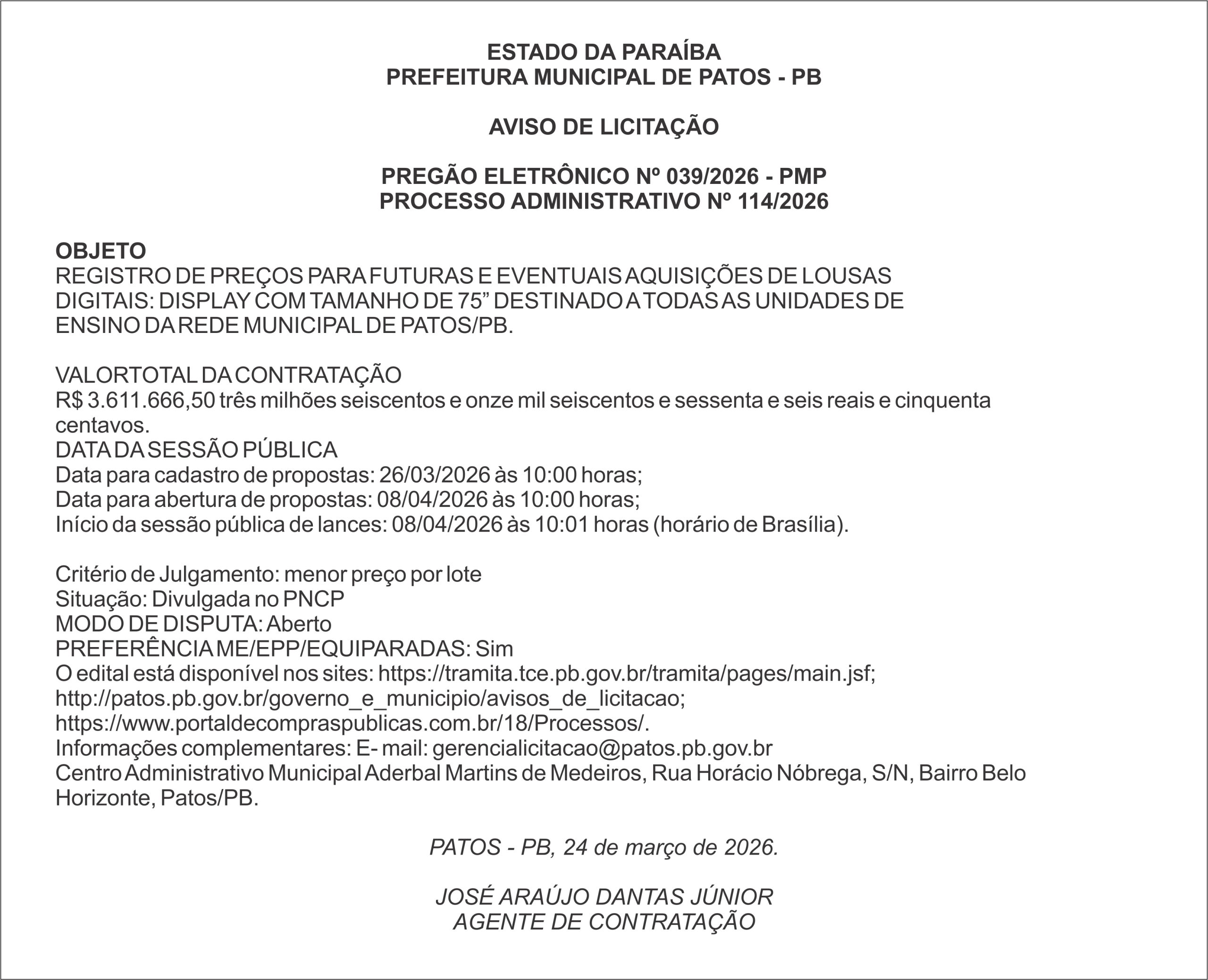 PREFEITURA MUNICIPAL DE PATOS – PB – PREGÃO ELETRÔNICO Nº 039/2026 – PMP