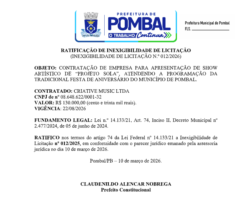 PREFEITURA MUNICIPAL DE POMBAL – RATIFICAÇÃO DE INEXIGIBILIDADE DE LICITAÇÃO (INEXIGIBILIDADE DE LICITAÇÃO N.º 012/2026)